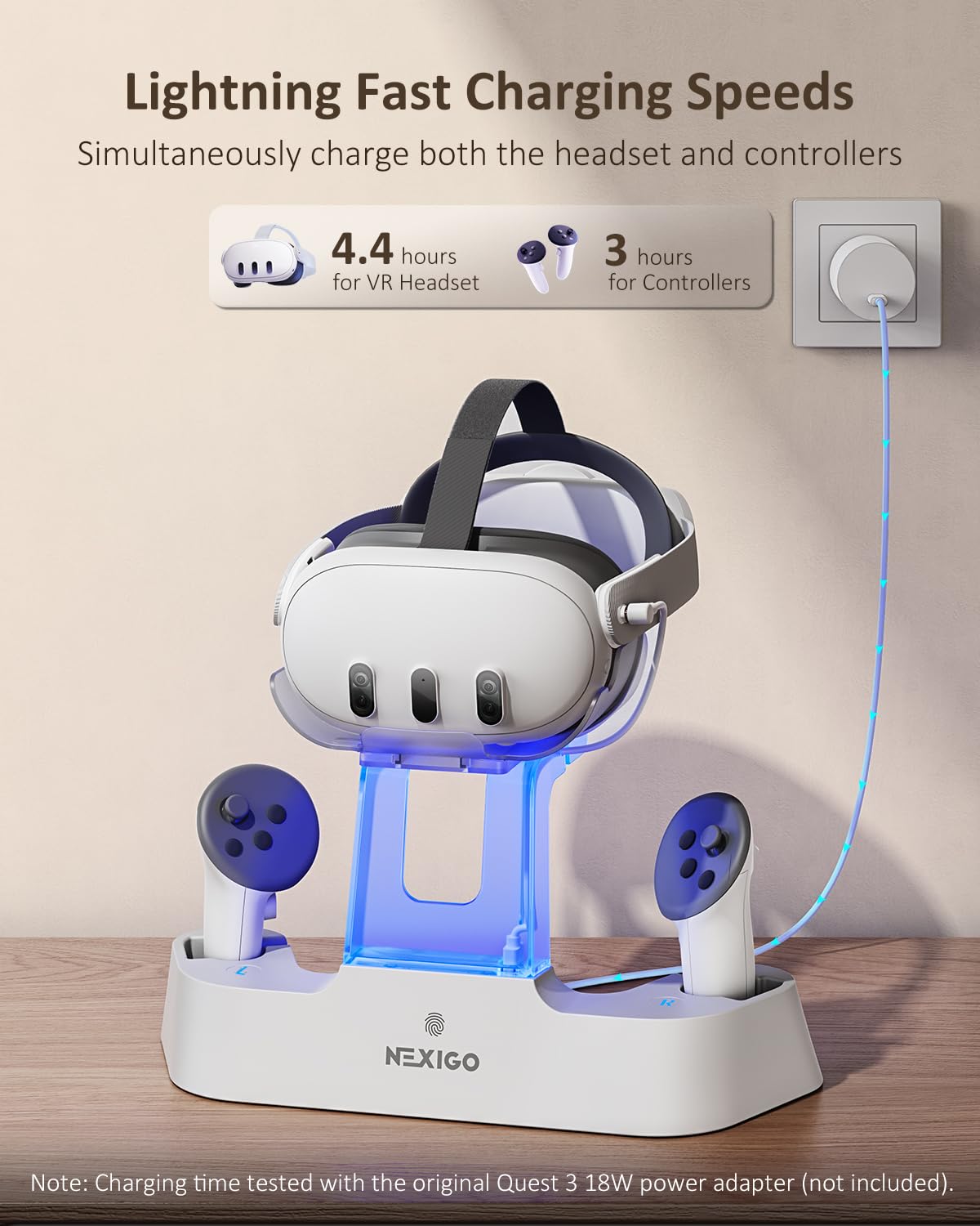 NexiGo Enhanced Charging Dock for Meta Quest 3 & 3S - LED Light Indicator, Elite Strap with Battery Compatible, Headset Display Stand & Controller Mount - Includes Rechargeable Batteries (White) - Perfect for VR Gaming Setup & Organized Storage
