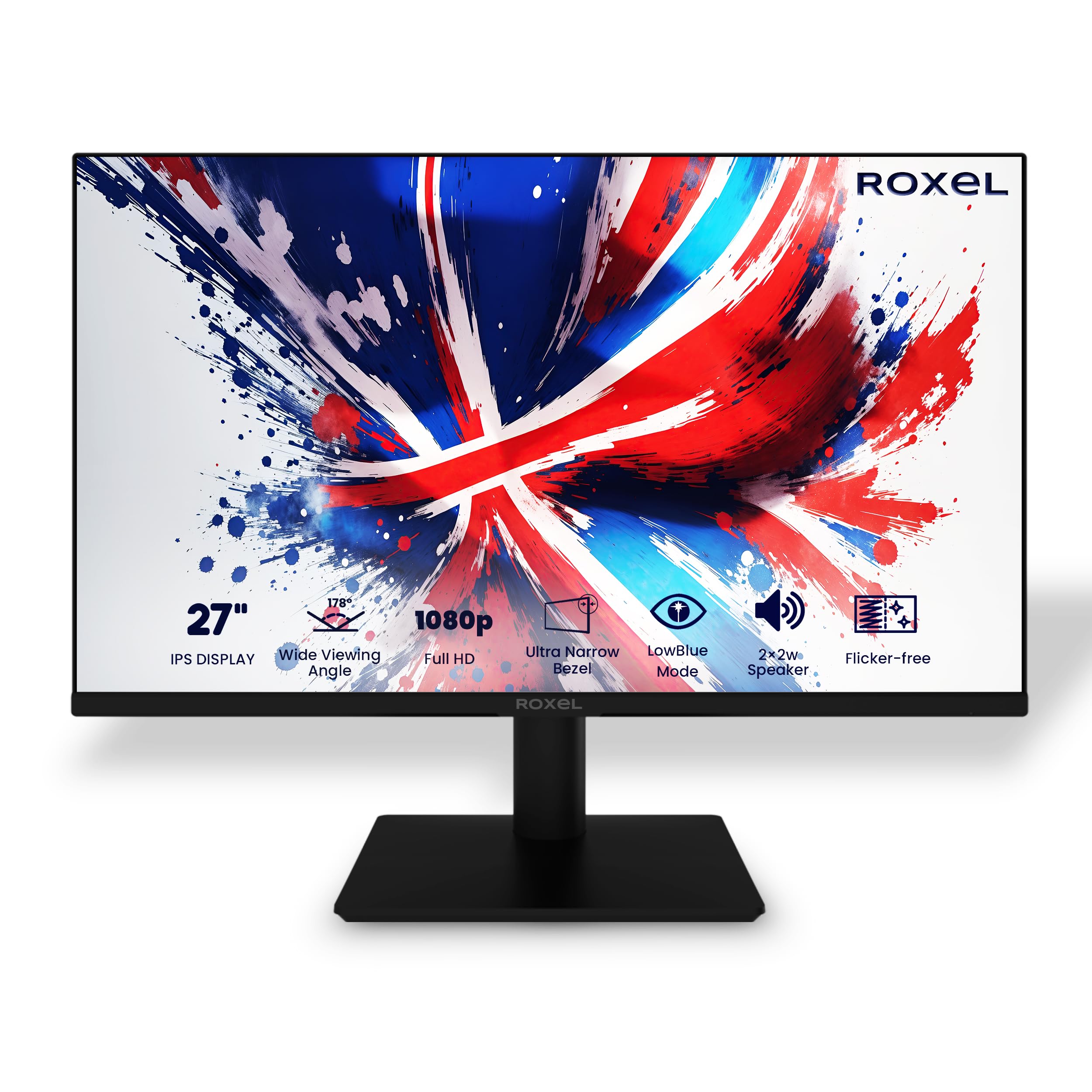 Roxel 27 Inch IPS FHD Computer Monitor - Borderless Design, 1080P Full HD, 75Hz Refresh Rate, HDMI & VGA Ports, 99% sRGB, 5ms Response Time, Eye Care (Flicker-Free & Low Blue Light), Frameless Display - Perfect for Home Office, Gaming, and Multimedia Entertainment