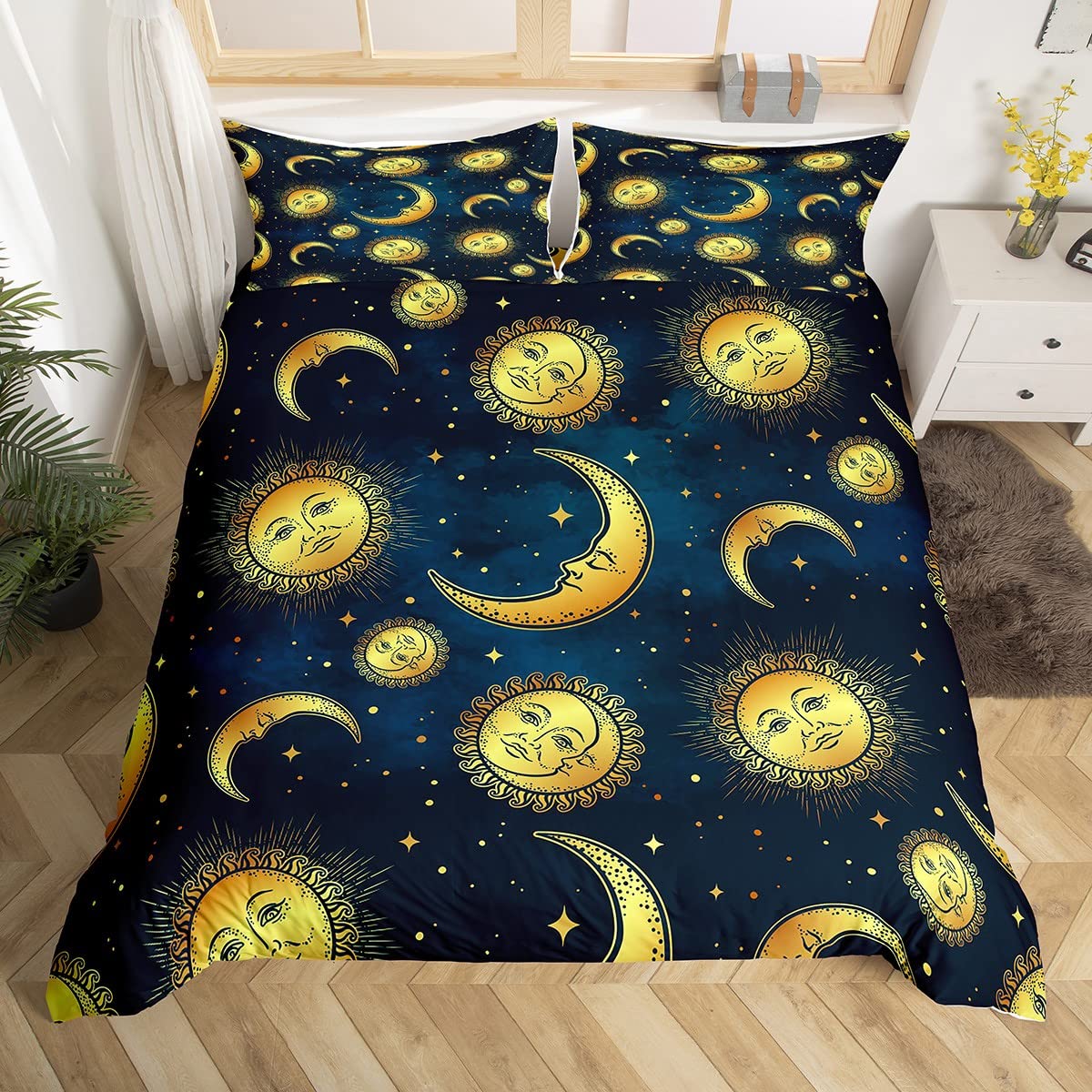 Feelyou 2-Piece Celestial Boho Duvet Cover Set - Twin Size Smiling Sun & Moon Design, Soft Galaxy Print Bedspread with Zipper Closure | Perfect for Kids, Teens & Boho Bedrooms (Golden Hippie Theme)