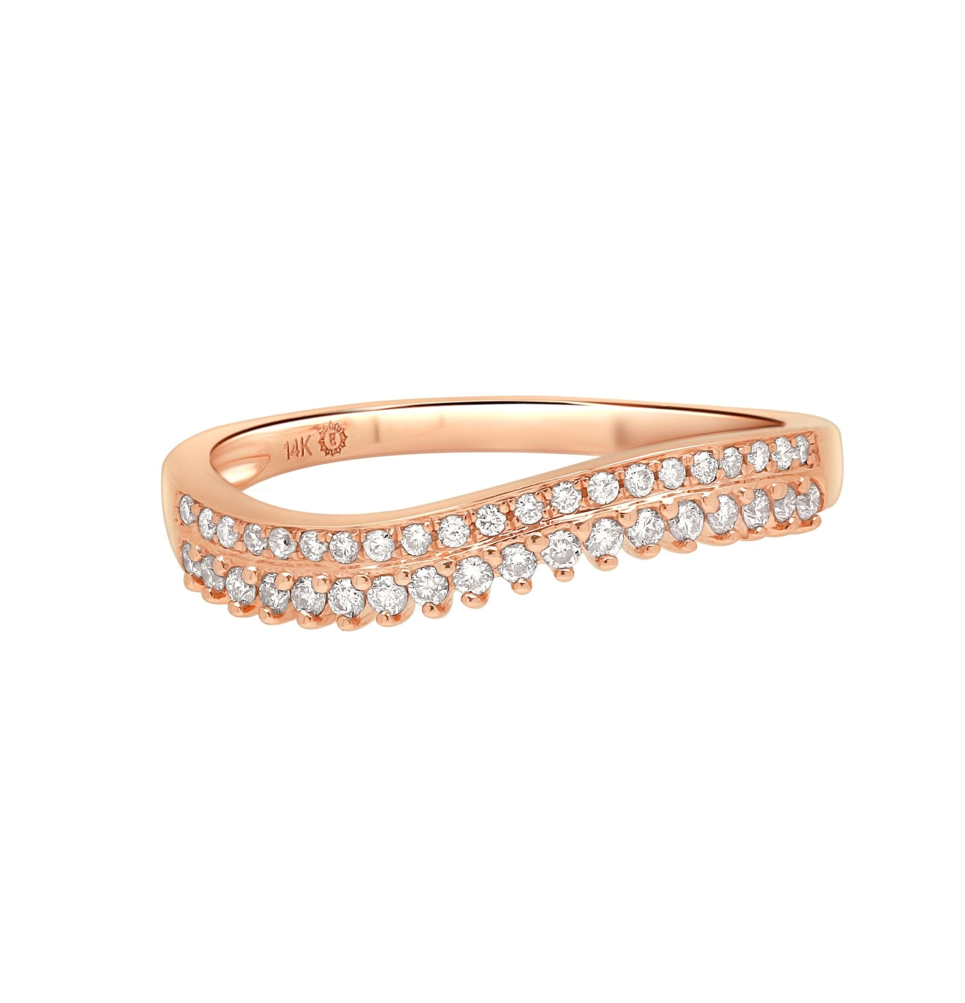 14K Rose Gold Double Row Diamond Band Curved Ring for Women - Elegant Stackable Wedding Ring, Anniversary Gift, or Everyday Jewelry for Special Occasions