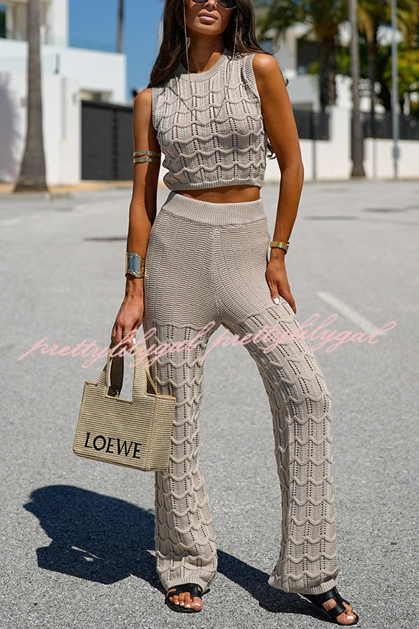Women's Solid Color Hollow Sleeveless Round Neck Knitted Vest & Stretch Casual Straight Pants Set - Comfortable Summer Outfit for Beach, Travel and Daily Wear