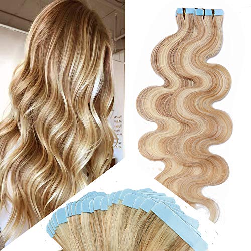 20 Inch Remy Tape-in Hair Extensions – 40pcs 100g Human Hair Weft, Wavy Body Wave with Balayage Highlights (#18/613 Ash Blonde Mix) – Seamless Skin Weft, Glue-In Hairpieces for Volume & Length – Perfect for Parties, Weddings & Everyday Styling