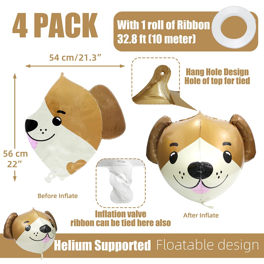 4D Animal Dog Head Shaped Balloons - 4 Pack 22'' Brown Cartoon Dog Foil Balloons for Puppy Birthday Party, Baby Shower, Dog Themed Decorations & Pet Celebration Supplies | Perfect for Indoor & Outdoor Decor, Photo Backdrops, and Festive Events