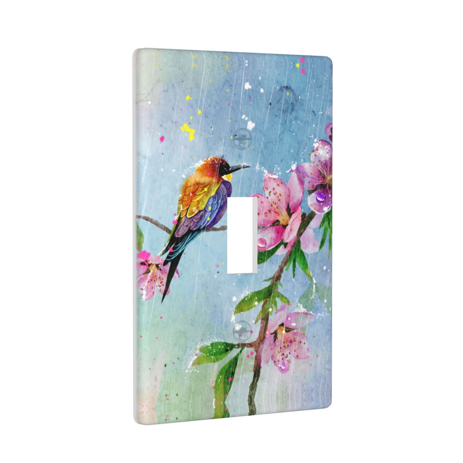 Peach Blossom Floral Watercolor Light Switch Cover - Decorative Wall Plate with Birds Design for Home Decor | Perfect for Living Room, Bedroom & Office