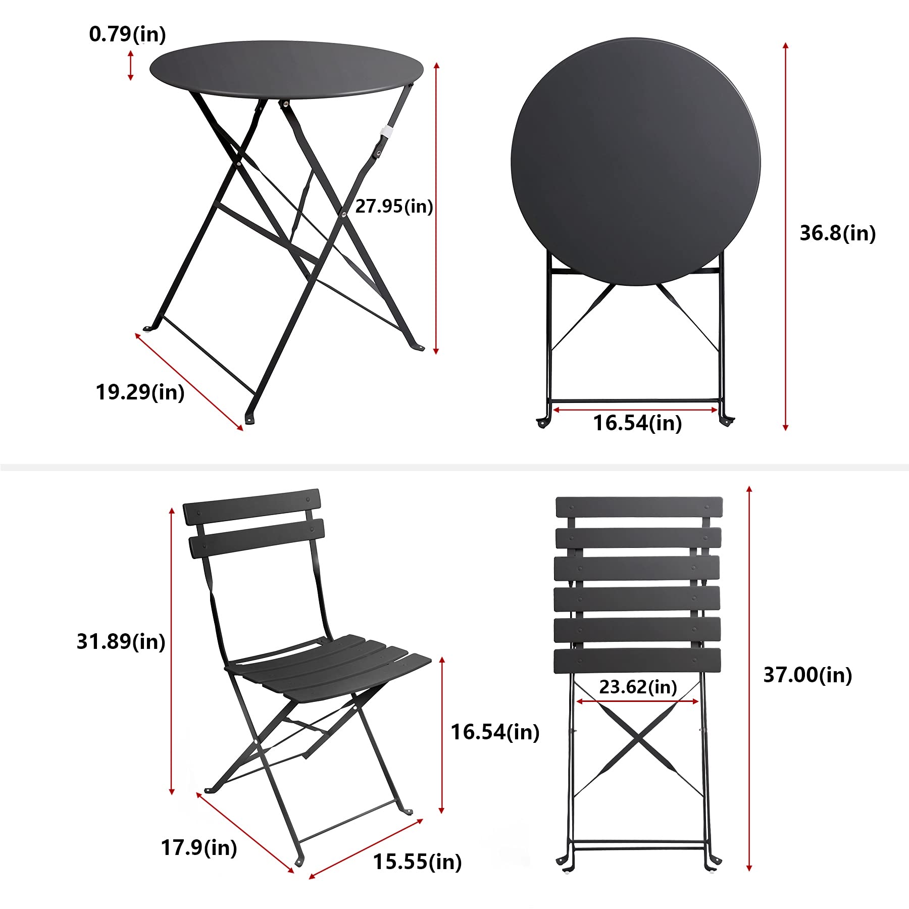 Black 3-Piece Steel Patio Bistro Set - Outdoor Folding Metal Table & 2 Chairs for Garden, Balcony, Deck or Backyard Dining