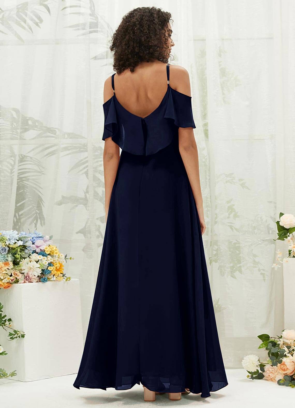 Elegant Dark Navy Chiffon Ruffle Cold Shoulder Sweetheart Bridesmaid Dress for Weddings & Formal Events