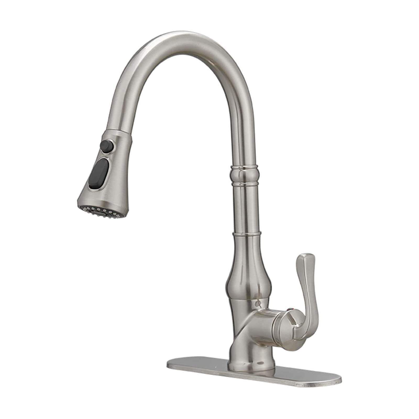 BWE Commercial Kitchen Faucet - Brushed Nickel High Arc Pull-Out Sprayer, 3-Function Single Handle Farmhouse Sink Faucet with Deck Plate - Perfect for Modern Kitchens & Restaurant Use
