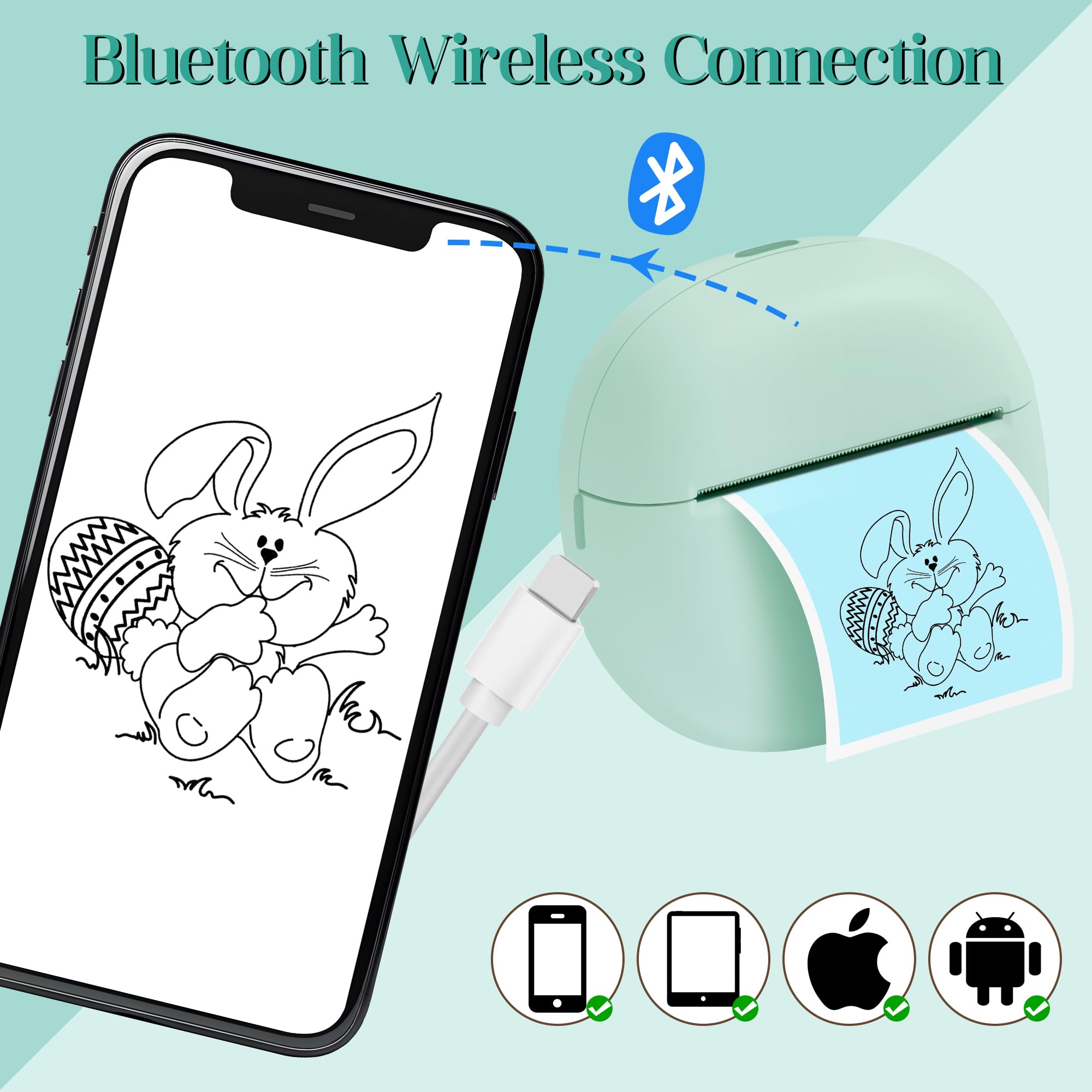 Mini Thermal Sticker Printer - Portable Bluetooth Photo Printer for iOS & Android | Wireless Label Maker with 5 Sticker Rolls | Inkless Pocket Printer for Notes, Memos & Receipts | Perfect for Home, Office & Small Business Organization (Green)