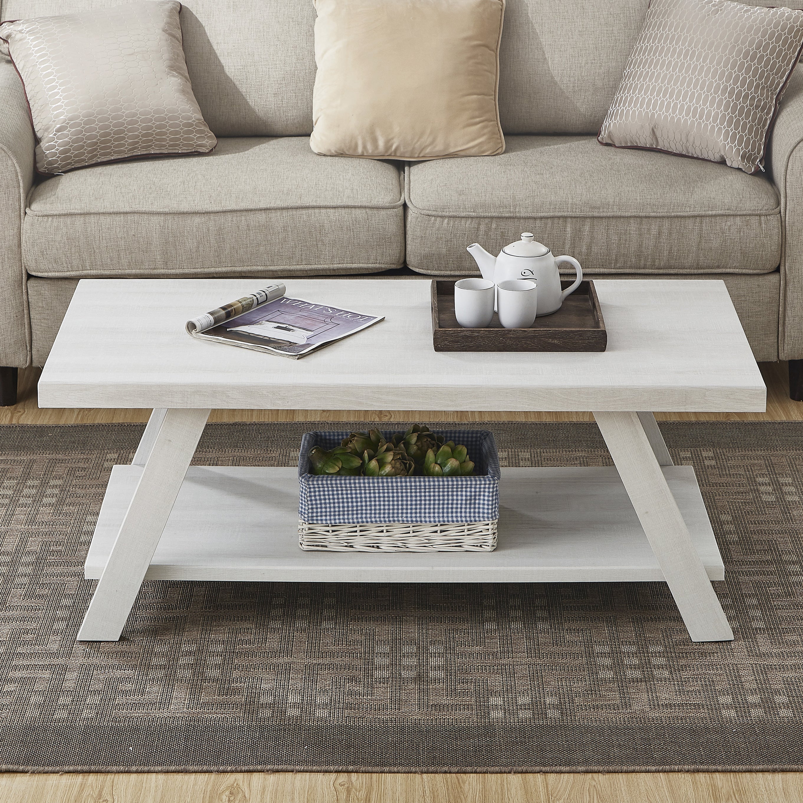 Roundhill Furniture Athens Contemporary White Wood Shelf Coffee Table - Modern Living Room Centerpiece for Home Decor & Storage