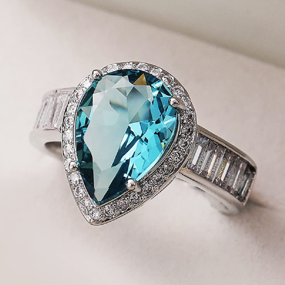 Elegant Waterdrop Pear Shape Cut Aquamarine Gemstone & Baguette CZ Zircon Promise Ring - Bridal Eternity Engagement Wedding Jewelry for Women - Perfect for Proposals, Anniversaries & Romantic Gifts