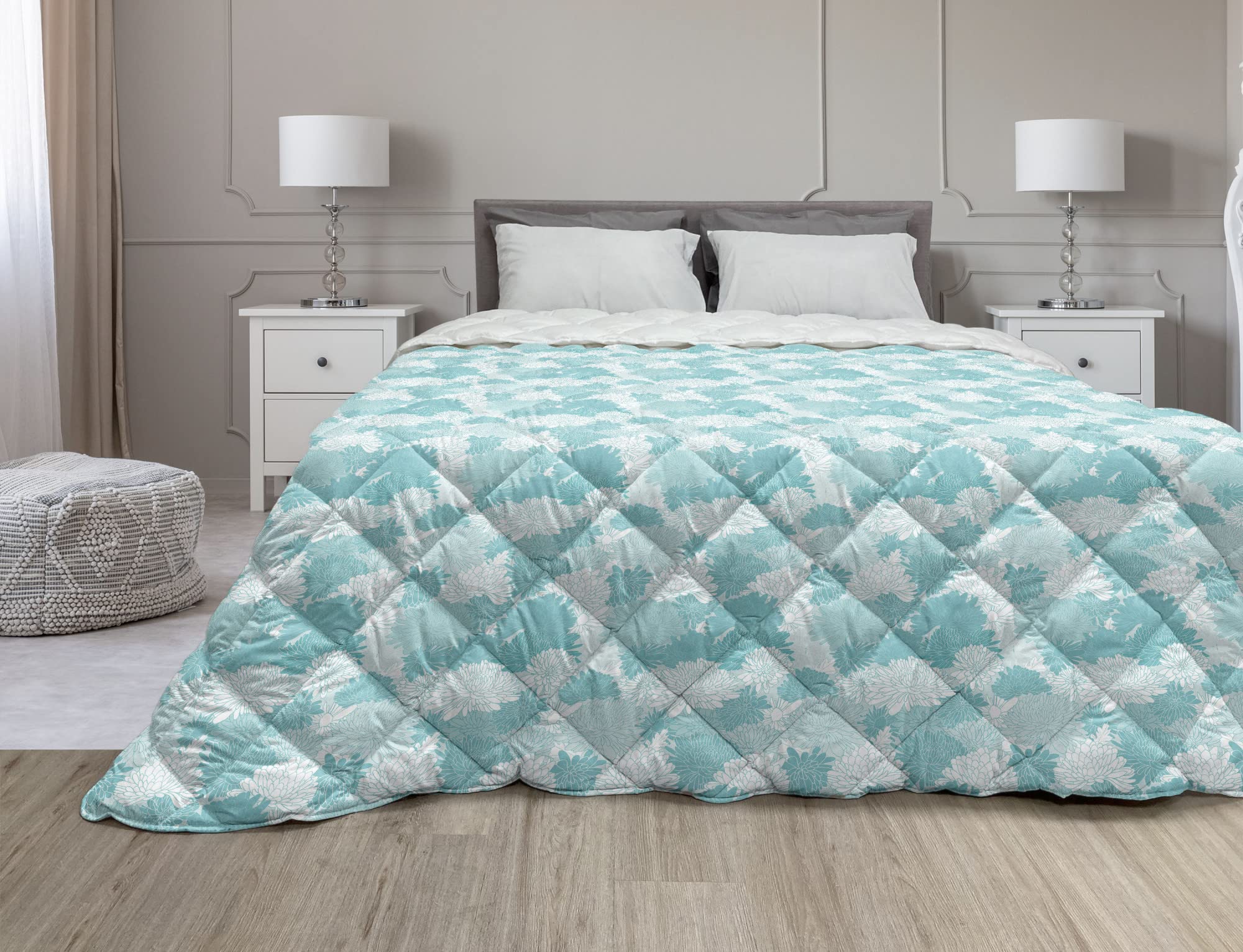 Ambesonne Dahlia Down Alternative Comforter - TwinXL Size, Microfiber All-Season Quilt with Floral Chrysanthemum Design in Turquoise Seafoam White - Perfect for Spring Bedroom Decor, Guest Room & Cozy Home Styling