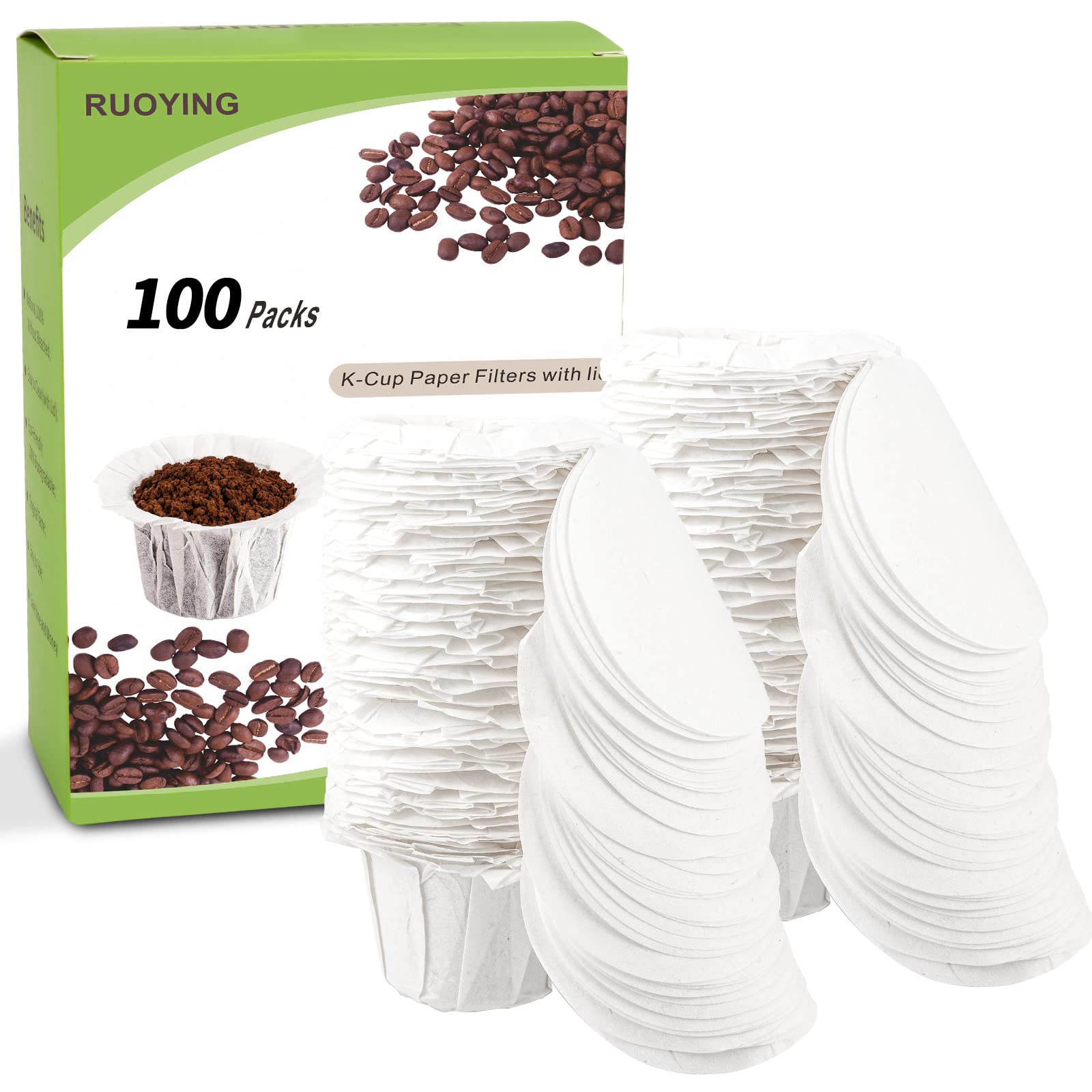 Disposable K Cup Coffee Paper Filters with Lid - 100 Pack, Compatible with All Keurig Single Serve Coffee Makers & Reusable K Cups | Perfect for Home, Office, and Travel Use