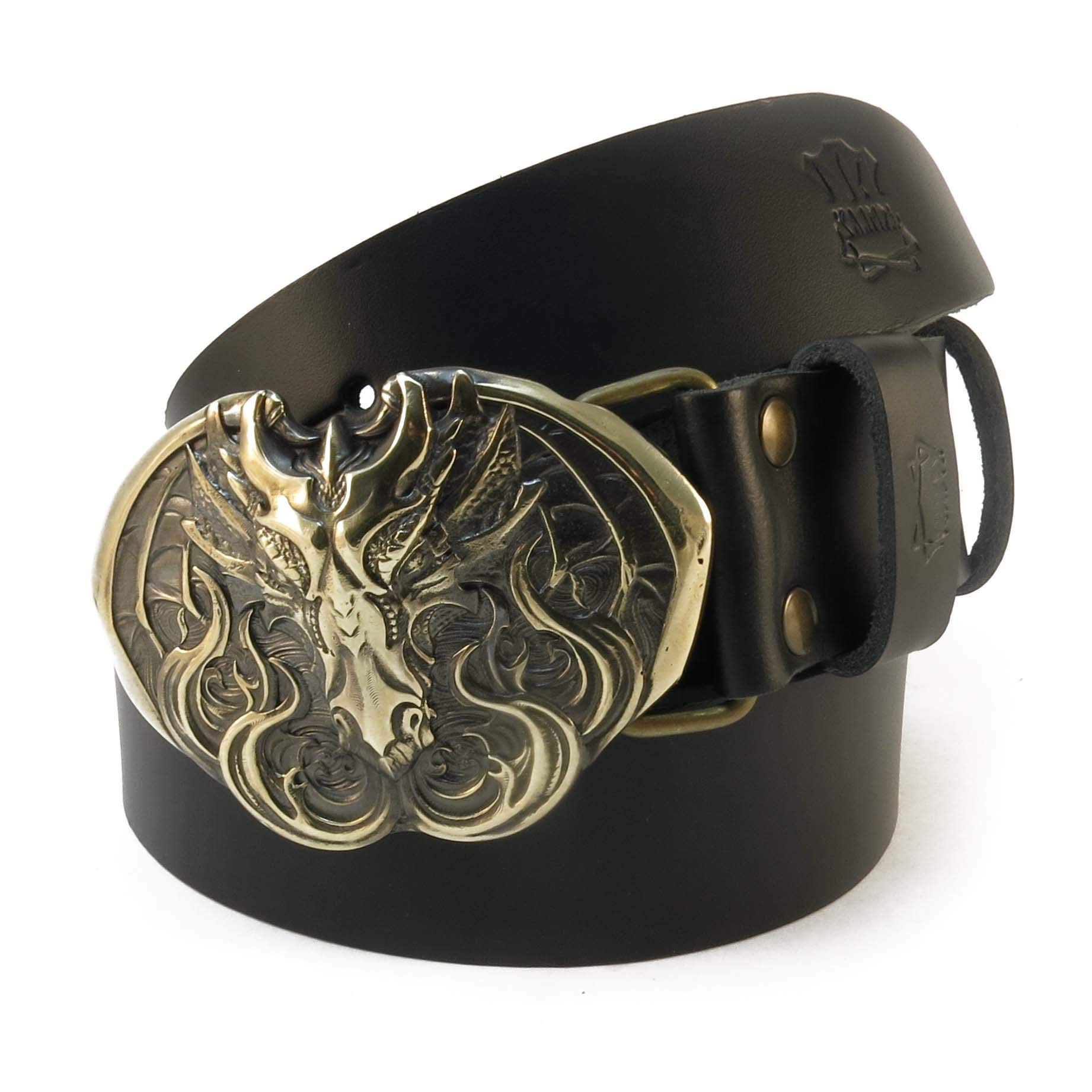 Handmade Scandinavian Leather Belt with Norse Mythology Fafnir Dragon Solid Brass Buckle - Viking Style Accessory for Men's Fashion & Medieval Costume