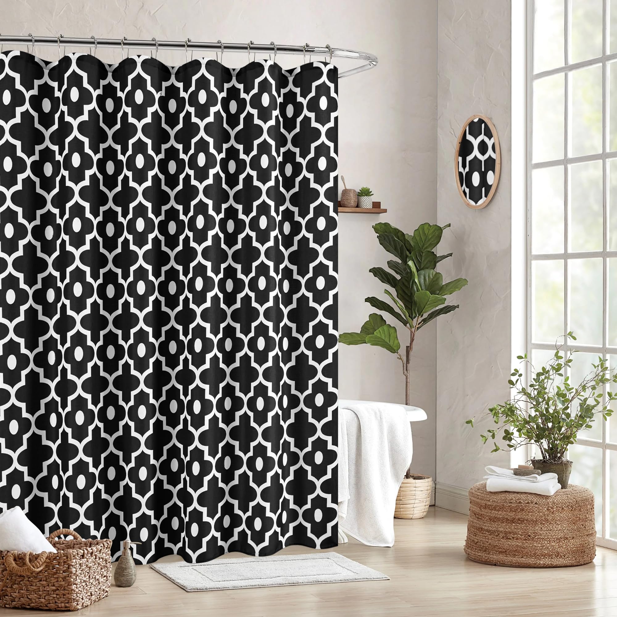 Biscaynebay Textured Fabric Shower Curtain 72x72 Inches - Black Morocco Pearl Printed Linen Bath Curtain for Modern Bathroom, Hotel Luxury Quality, Machine Washable | Perfect for Spa-Like Bathrooms & Upscale Hotel Decor