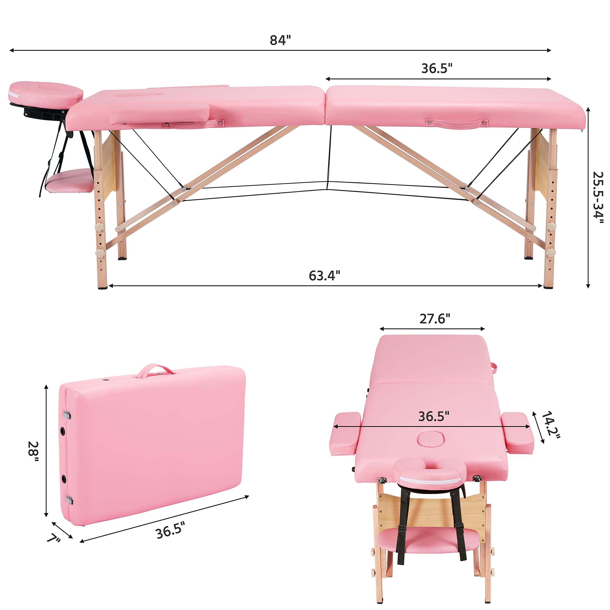 Yaheetech Portable Foldable Massage Table - 28 Inch Adjustable 2-Fold Spa Bed with Non-Woven Bag, Pink | Perfect for Professional Massage, Lash Extensions & Home Spa Treatments