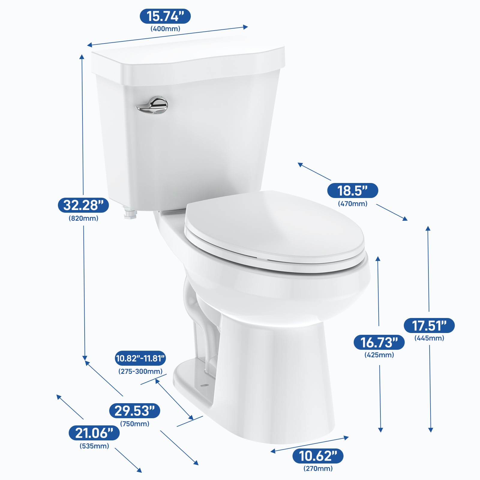 Two-Piece Elongated Toilet with Siphonic Flush | 1.28 GPF Water Efficient | Universal Height Comfort | cUPC Certified White Toilet for Bathroom | Perfect for Modern Homes & Commercial Spaces