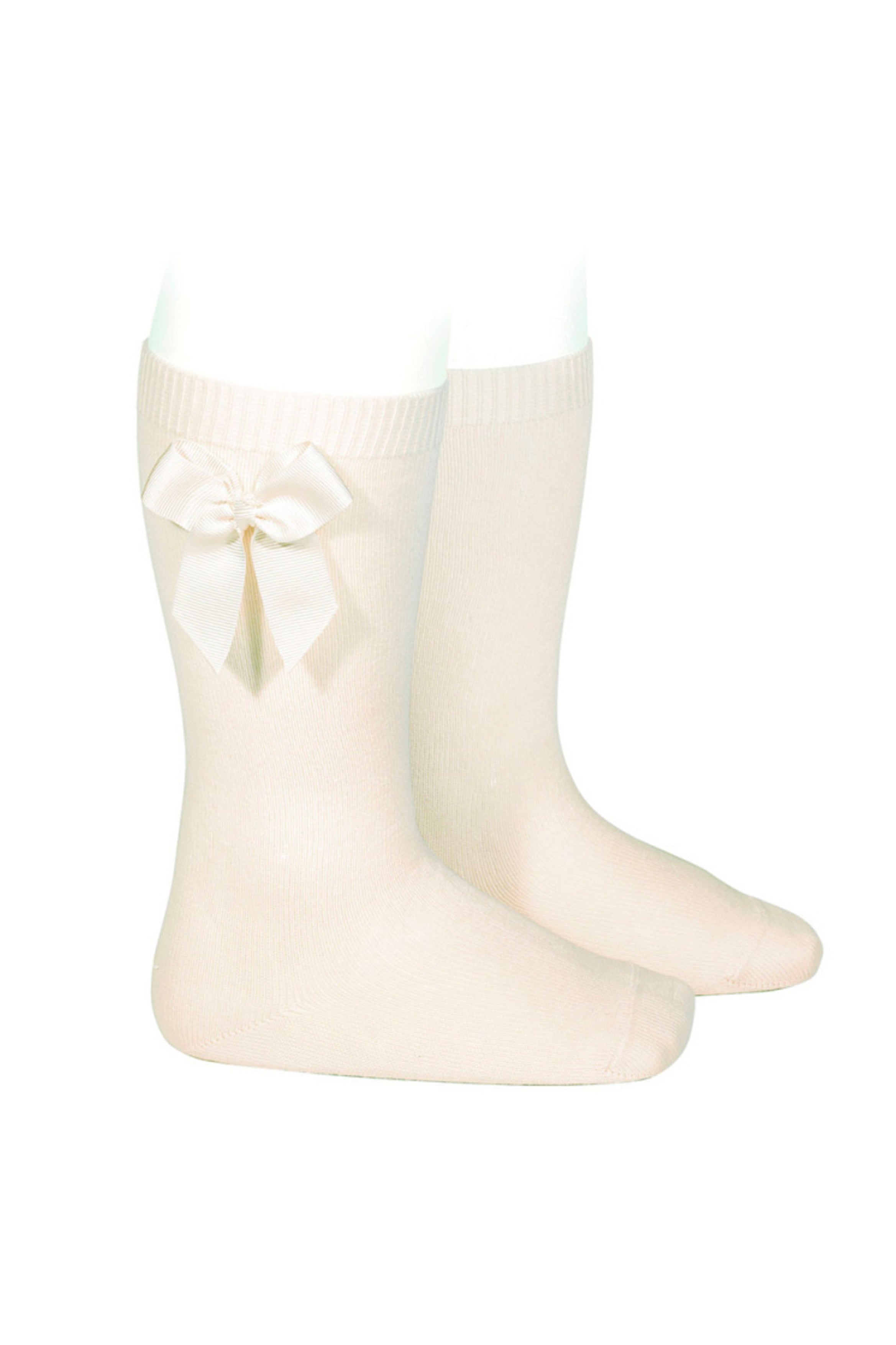 Elegant Cream Grosgrain Bow Knee High Socks for Women - Fashionable Vintage Style Dress Socks for Office, Party & Special Occasions