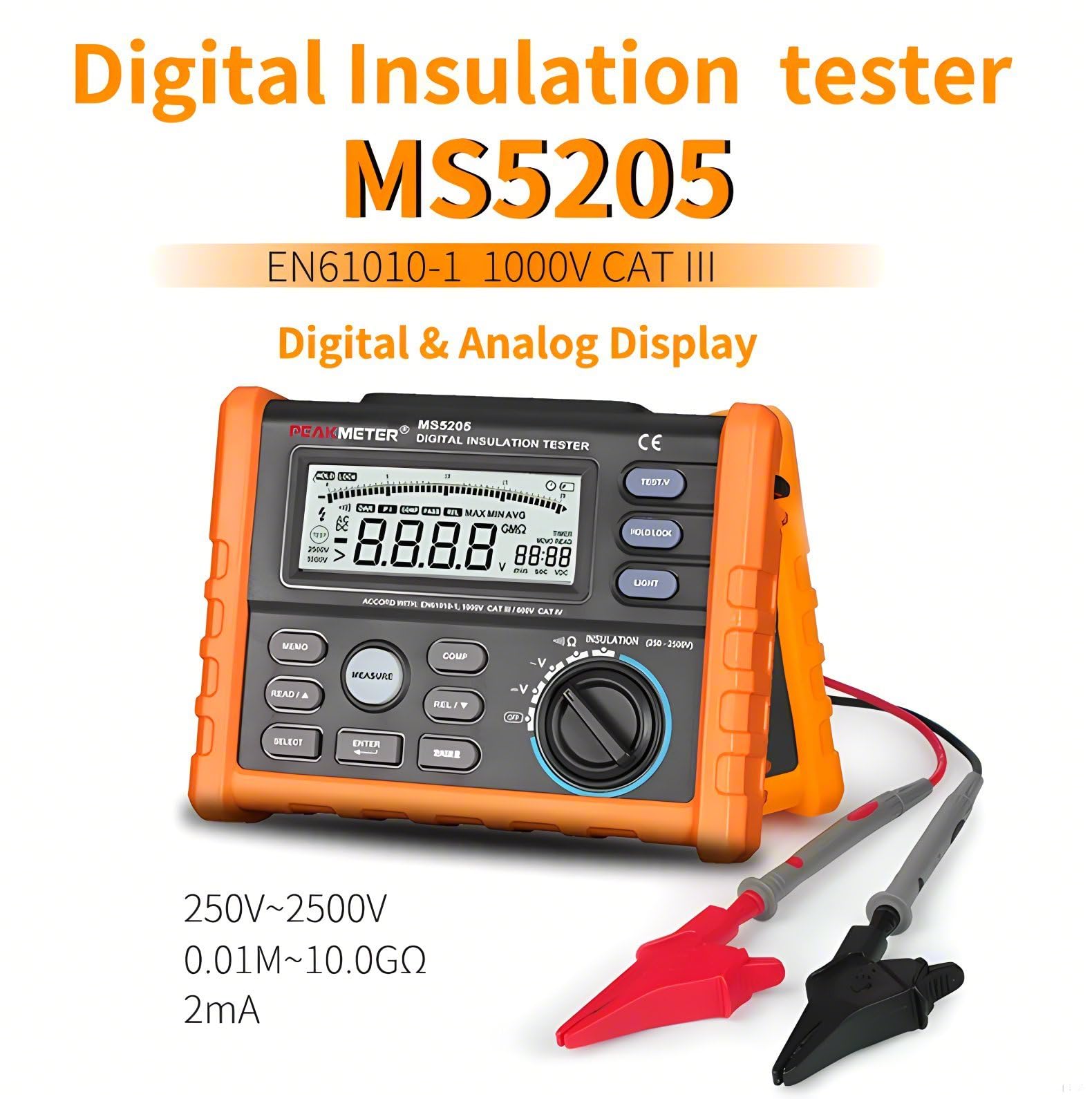 MS5205 Digital Insulation Resistance Tester - 2500V Megohmmeter with Auto PI/DAR Calculation (0.01-100GΩ) for Electrical Equipment Maintenance & High Voltage Testing | Perfect for Industrial Electricians, HVAC Technicians & Power System Diagnostics
