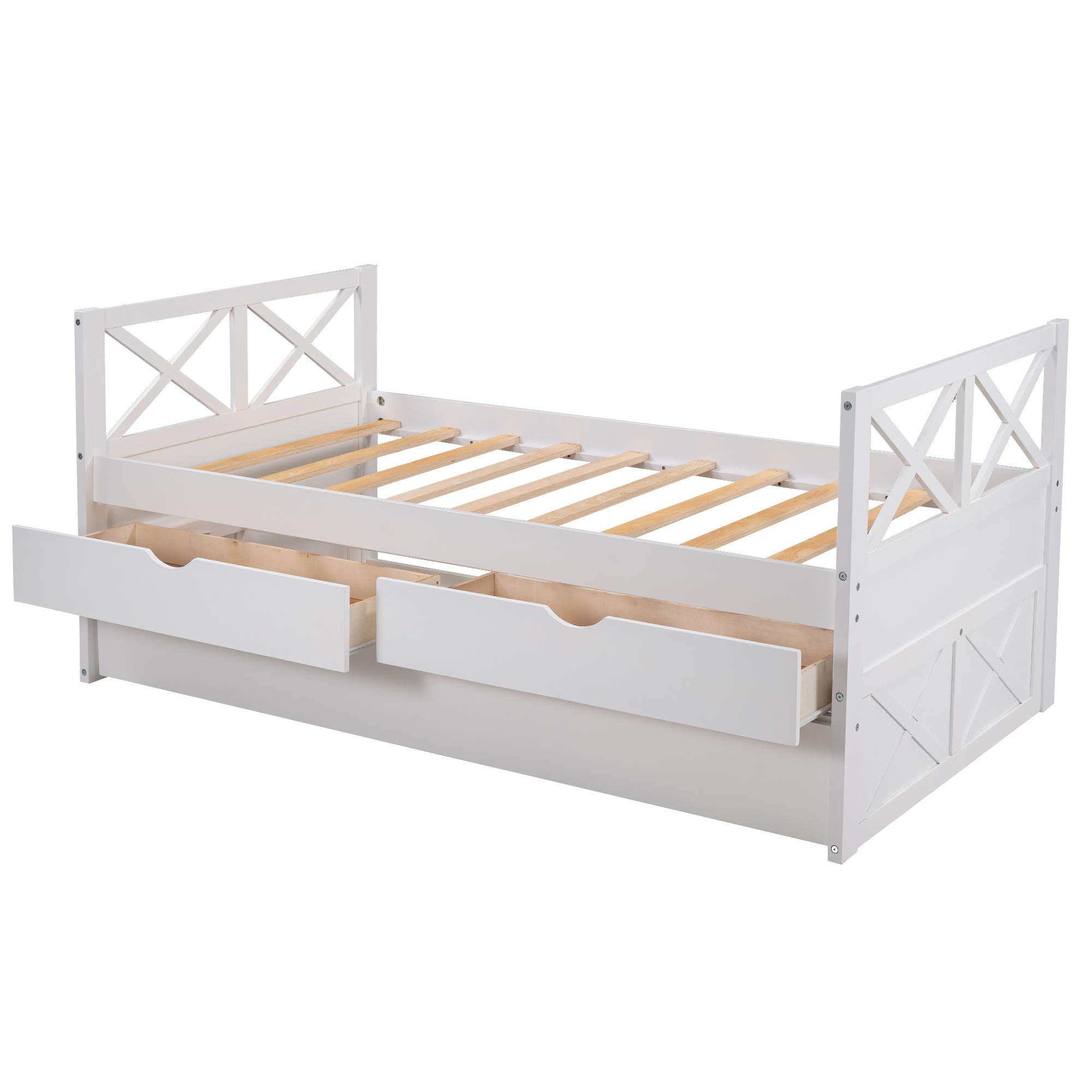 White Twin Captain's Bed with Trundle & Storage - Wood Platform Bed Frame with Headboard & Footboard for Kids, Teens & Adults | No Box Spring Needed, Easy Assembly | Perfect for Small Bedrooms, Guest Rooms & Dormitories