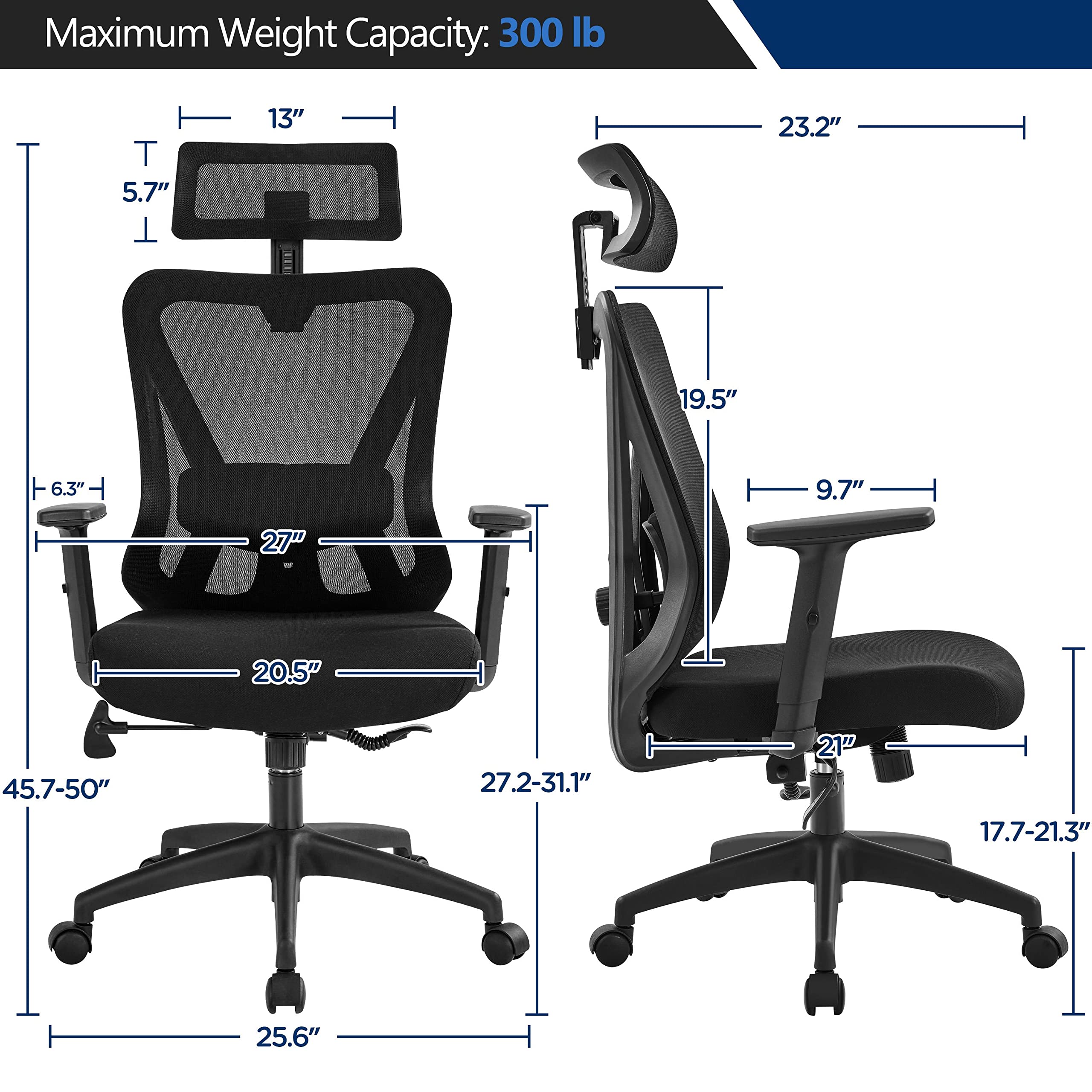 Yaheetech Ergonomic Office Chair - High Back Mesh Computer Chair with Adjustable Lumbar Support, Armrests & Headrest - Black - Perfect for Home Office, Gaming & Study Workspaces