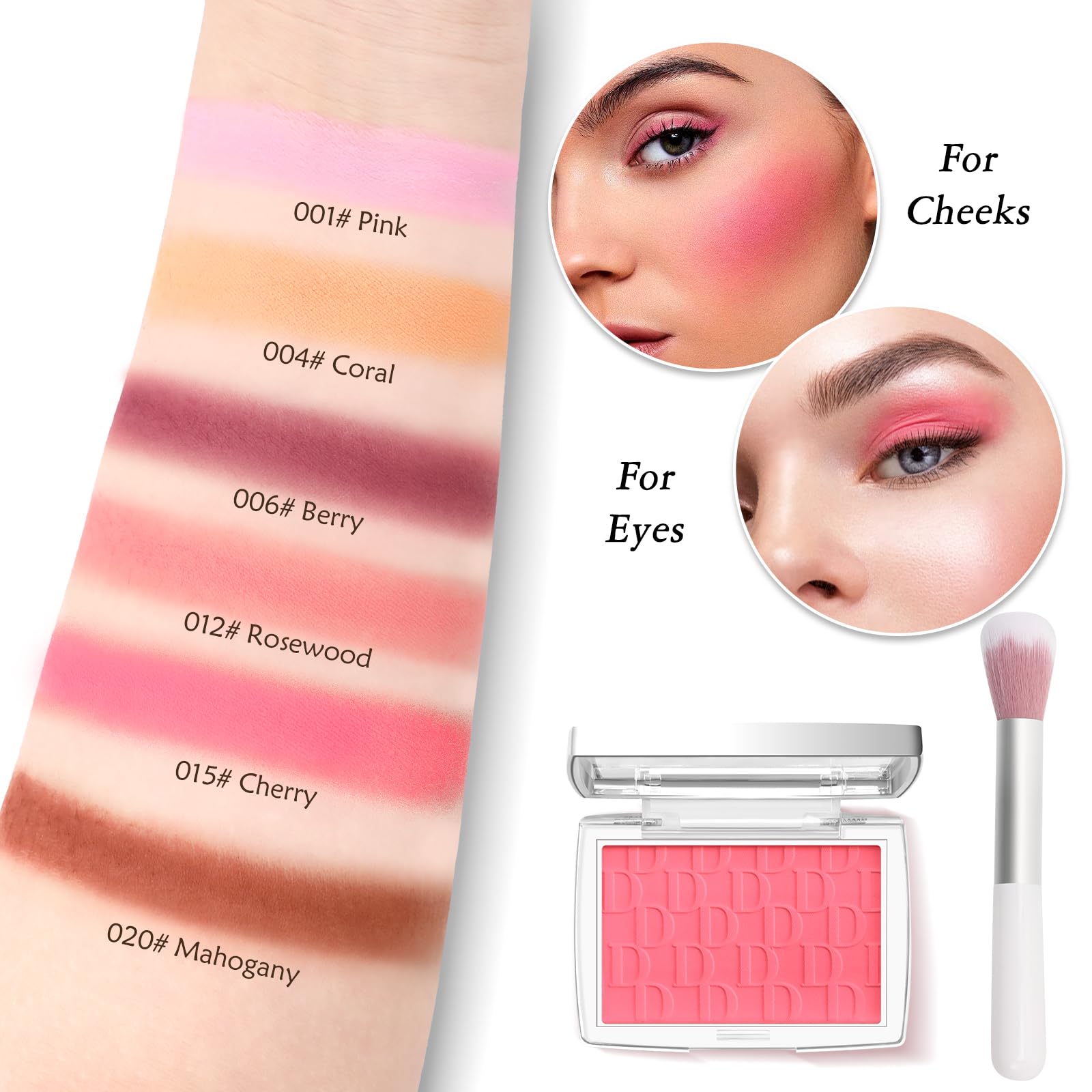 Pink Blush Powder - Matte Blush Palette with Brush, Natural Blendable Silky Formula for Cheeks | Lightweight Face Blusher Makeup | Perfect for Everyday Wear & Special Occasions | Shade 001