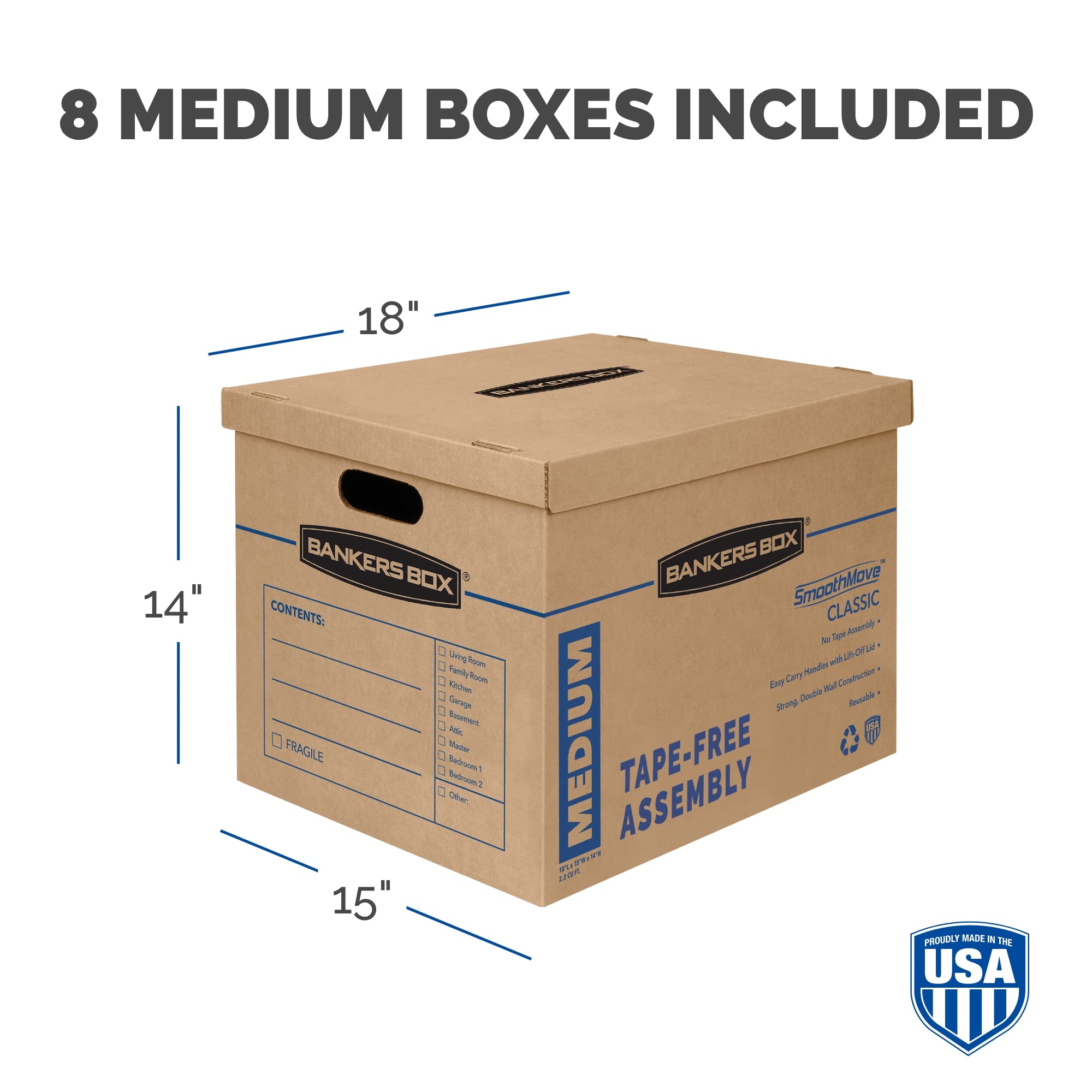 Bankers Box SmoothMove Classic Medium Moving Boxes - 8 Pack, Tape-Free Assembly, Easy Carry Handles for Home & Office Relocation | Durable Cardboard Storage Boxes for Moving, Packing & Organization