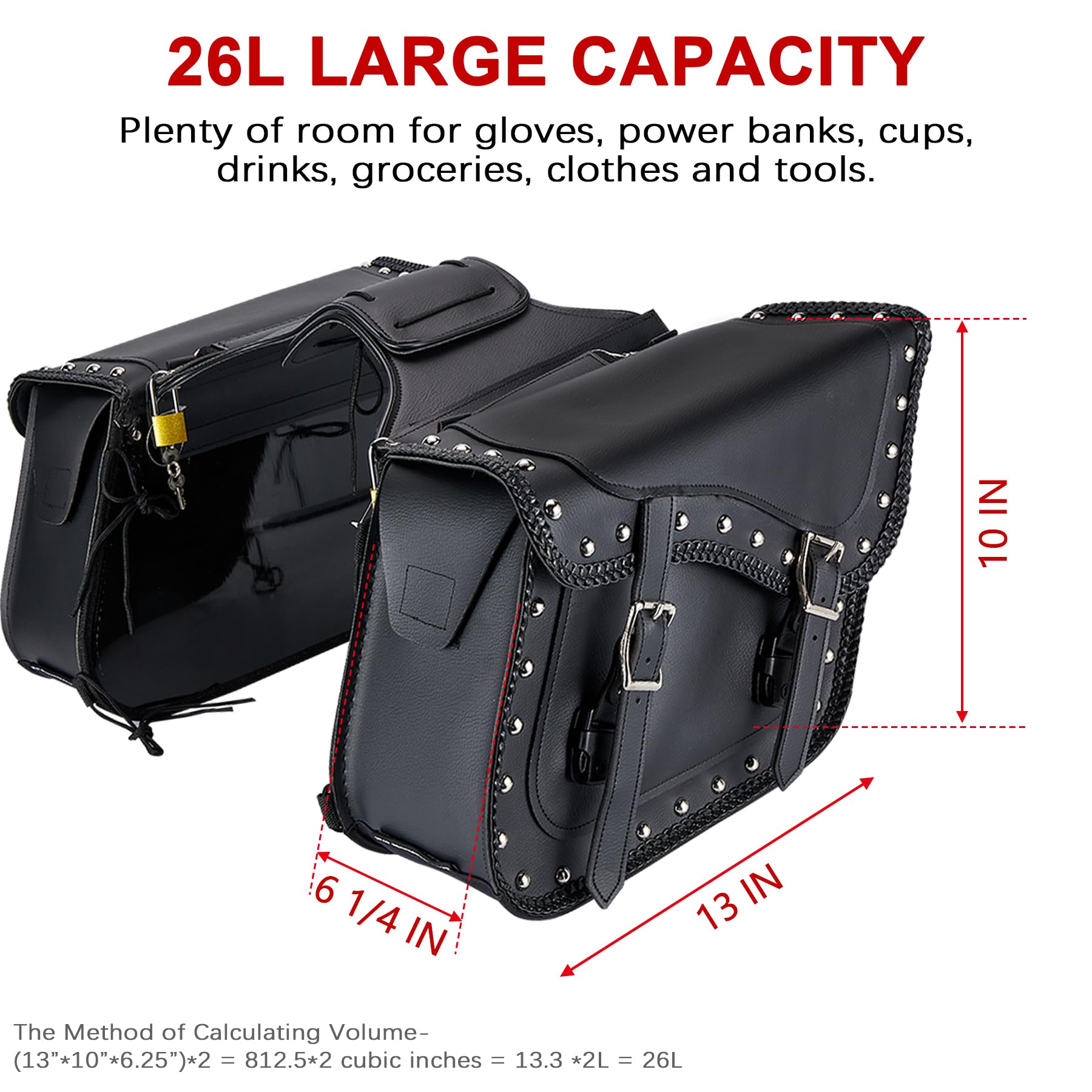 **Dream Apparel Faux Leather Motorcycle Saddle Bags with Studs - Throw Over PVC Side Bags for Honda Shadow, Sportster, Softail, Dyna, V-Star (Black) - Perfect for Cruiser & Touring Bikes**