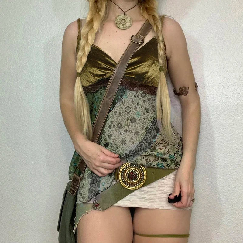 Vintage Grunge Fairycore Asymmetrical Print Summer Camisole Top - Lace Patched Backless Tie-Up Crop Top for Women | Boho Festival, Beach, Party Outfit
