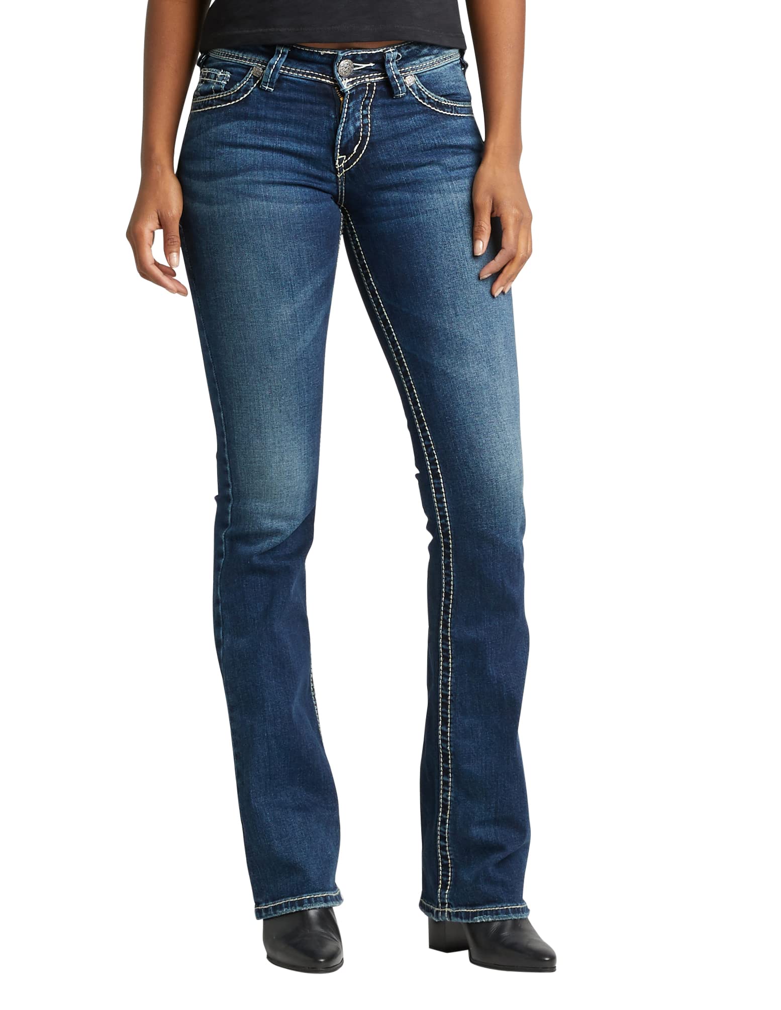 Silver Jeans Co. Women's Suki Mid Rise Curvy Fit Bootcut Jeans - Comfortable Stretch Denim Pants for Casual Wear & Everyday Outfits