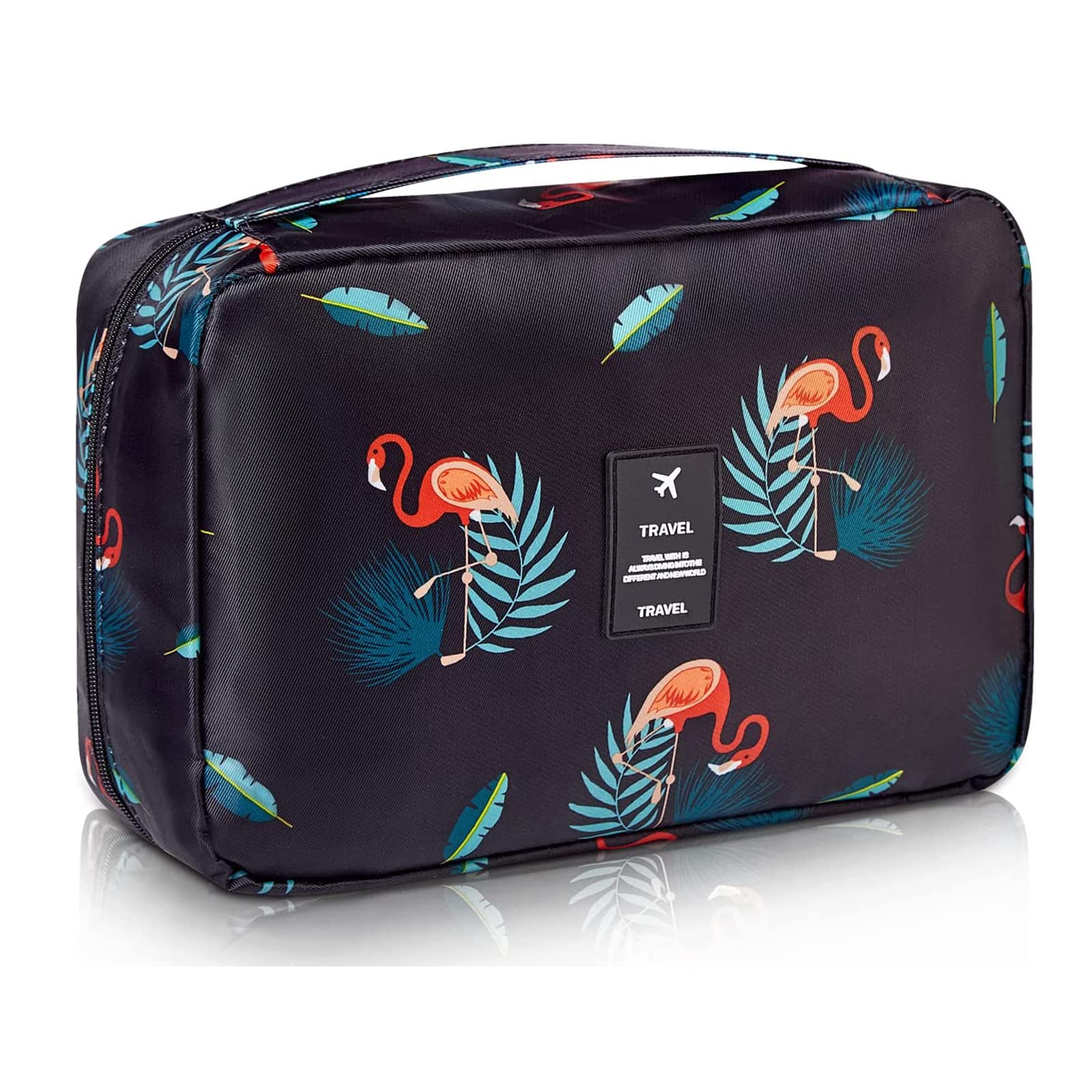 SxoSyo Hanging Travel Toiletry Bag for Women - Large Capacity Waterproof Makeup Organizer with Zipper, Cosmetic & Bathroom Essentials Bag (Black Flamingos) - Perfect for Vacation, Gym, Camping & Business Trips