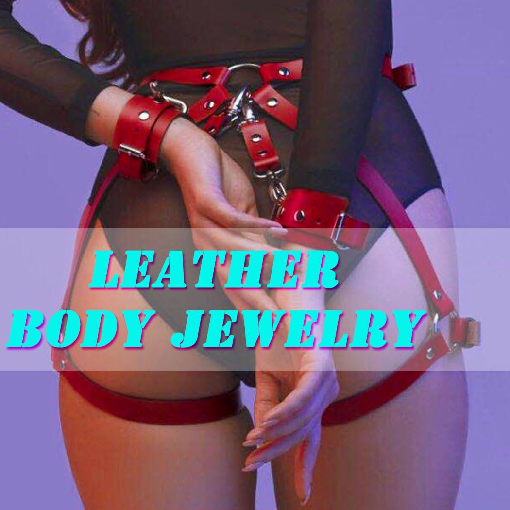 Punk Leather Body Chain for Women - Sexy Body Harness Belt with Leg Chain - Gothic Rave Party & Nightclub Jewelry - Perfect for Halloween, Bachelorette Parties & Festivals (Red)