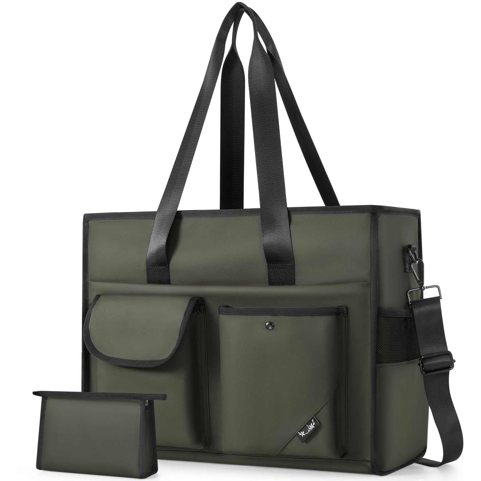 Stylish Large Tote Bag for Women with 15 Pockets & Zipper - Perfect Work Bag for Teachers, Nurses & Professionals - Spacious Laptop Handbag Carry-On - Dark Green - Ideal for Office, Travel & Daily Commute