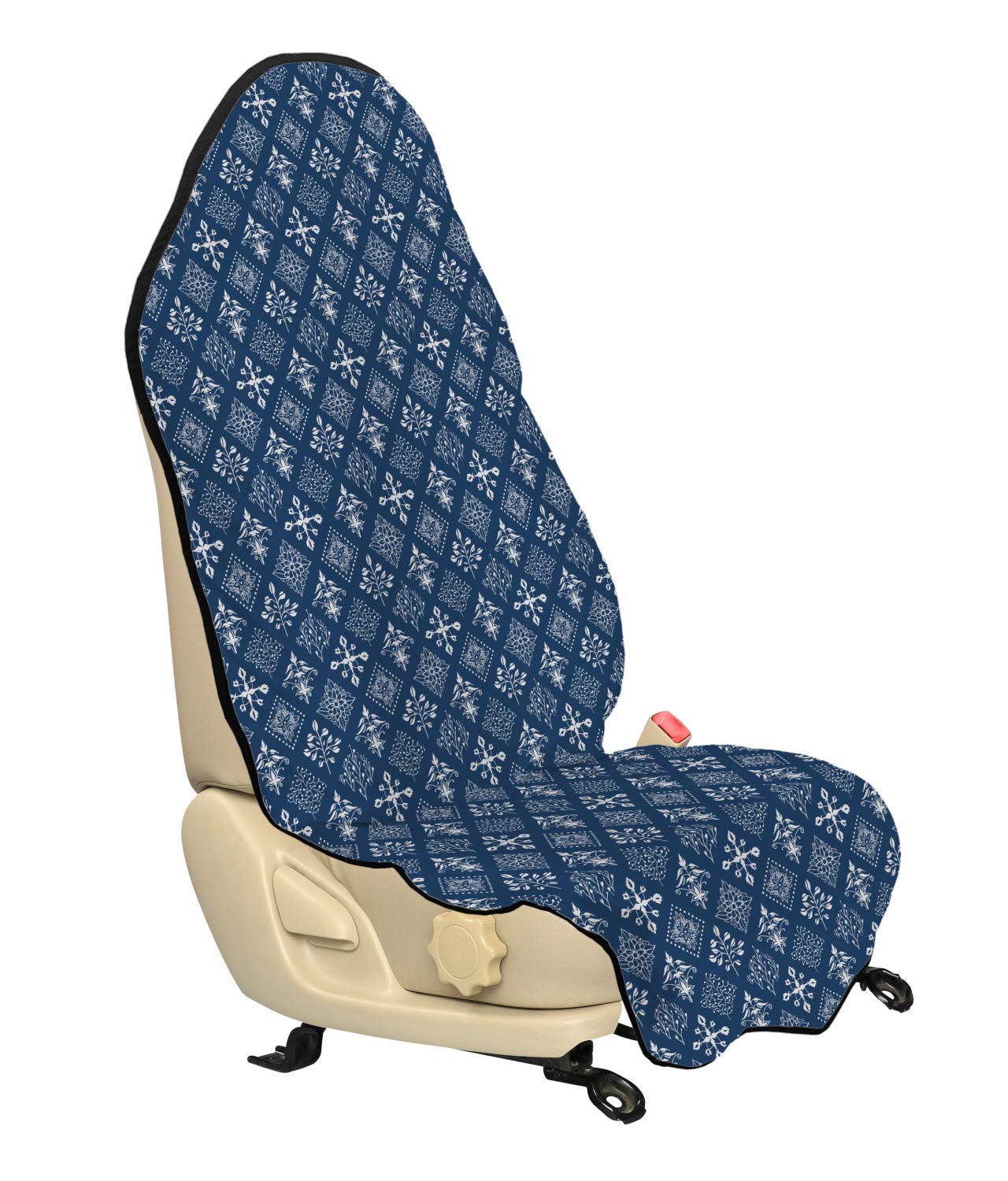 Ambesonne Indigo Car Seat Hoodie - Mediterranean Floral Leaf Swirl Design, Non-Slip Universal Car Seat Cover Protector (30