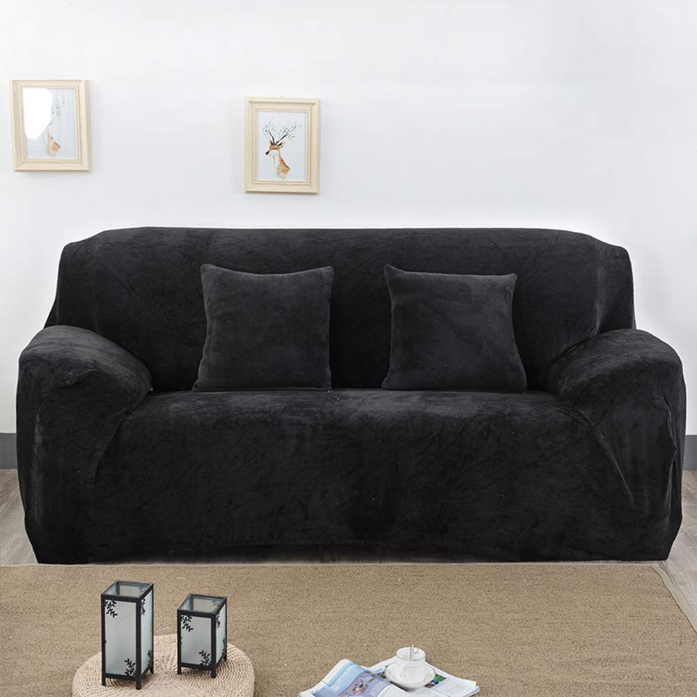 Nileco Velvet Stretch Sofa Slipcover - Anti-Slip Plush Couch Cover for Loveseat & Chair, 1-Piece Stretchable Furniture Protector in Black | Perfect for Living Room, Bedroom & Home Decor
