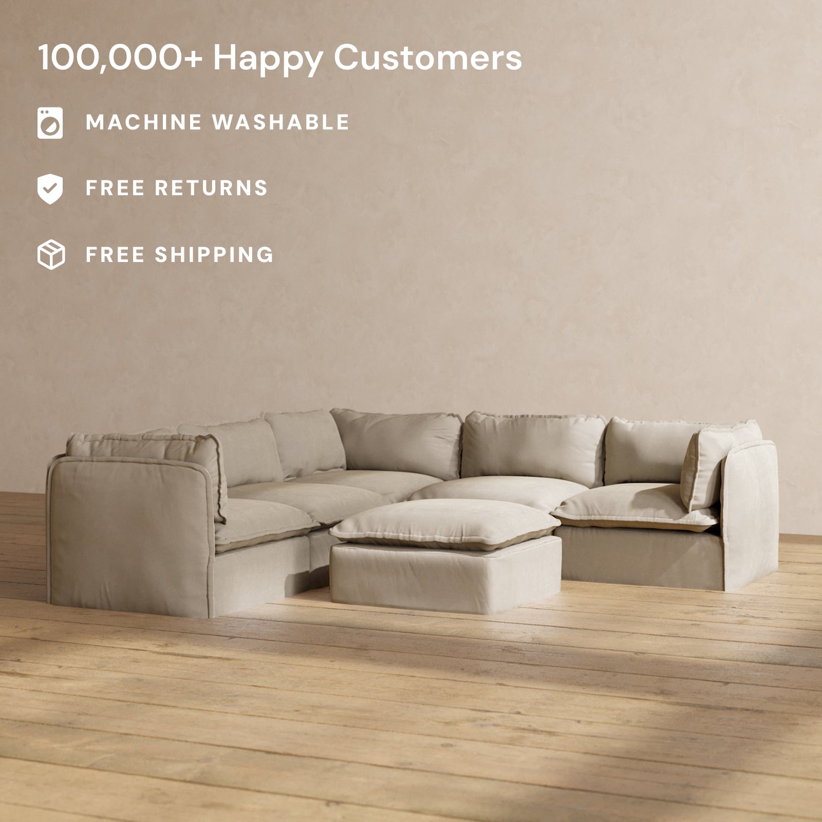 5-Piece Modular Corner Sectional Sofa with Ottoman in Dune Fabric - Comfortable L-Shaped Couch for Living Room, Family Room & Home Theater