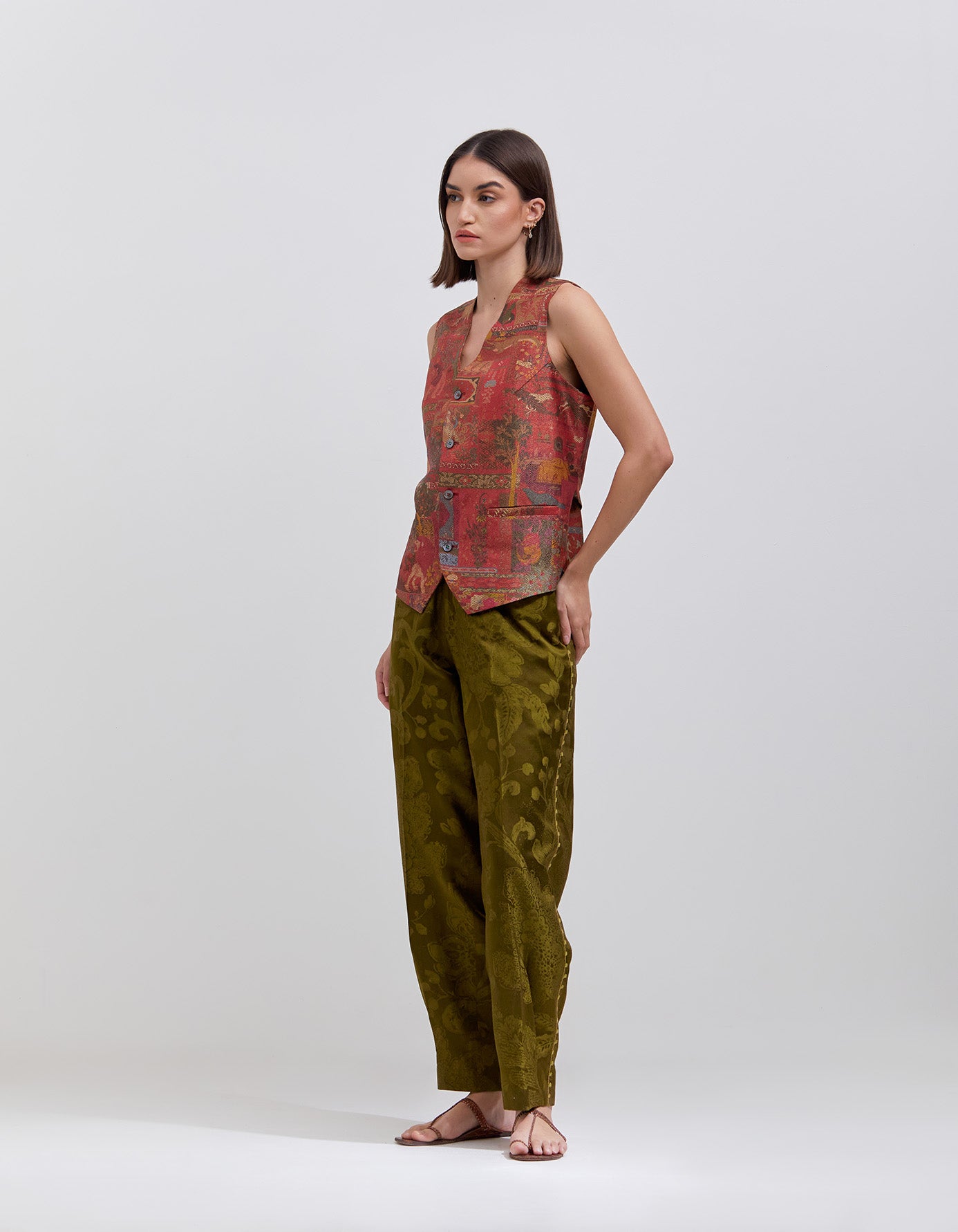 Silk Brocade Vest with Zig Zag Crimson Panchatantra Design - Elegant Traditional Indian Wear for Weddings & Festivals