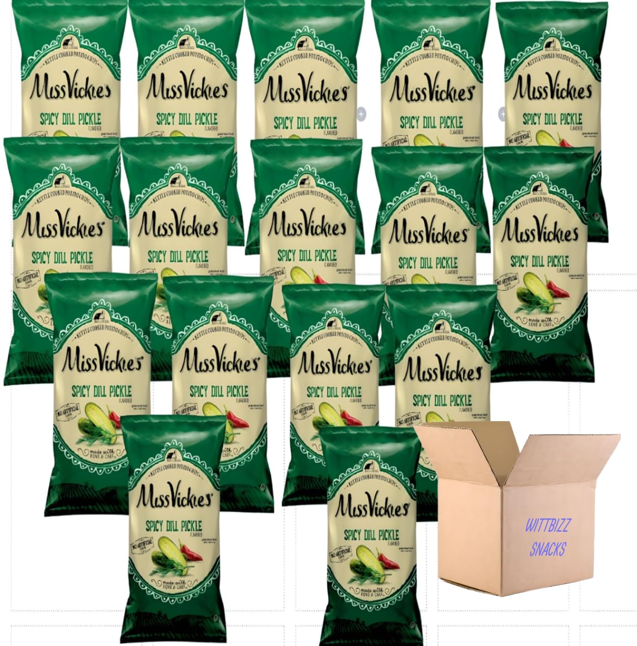 Wittbizz Snacks Bundle - Ms. Vickie's Spicy Dill Pickle Kettle Cooked Potato Chips 1.37oz (16 Pack) | Crunchy Snack for Parties, Picnics & Movie Nights | Bulk Pack for Offices & Family Gatherings