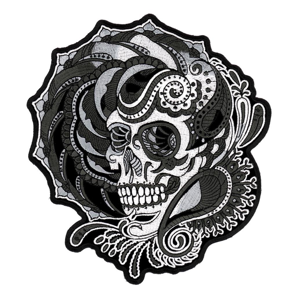 Henna Skull Tattoo Embroidered Back Patch - Iron On or Sew On DIY Punk Rock Gothic Fashion Accessory for Jackets, Bags & Denim Vests - Perfect for Bikers, Skaters, Music Festivals & Halloween Costumes - Great for DIY Customization, Alternative Style & Streetwear - Ideal for Concerts, Parties, Cosplay & Everyday Edgy Looks