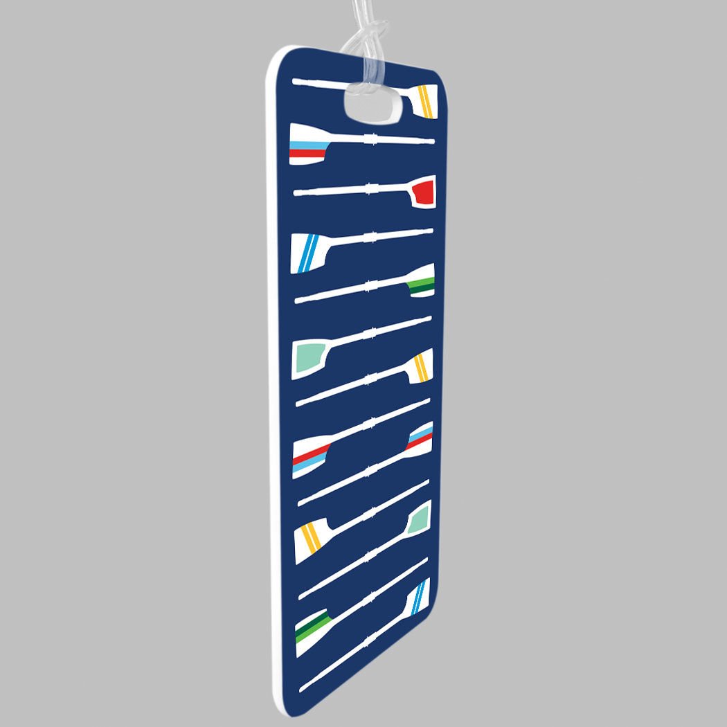 ChalkTalkSPORTS - Navy Blue Crew Luggage Tag with Oar Pattern - Personalized Custom Info on Back - Perfect for Travel, Sports Teams & Gifts