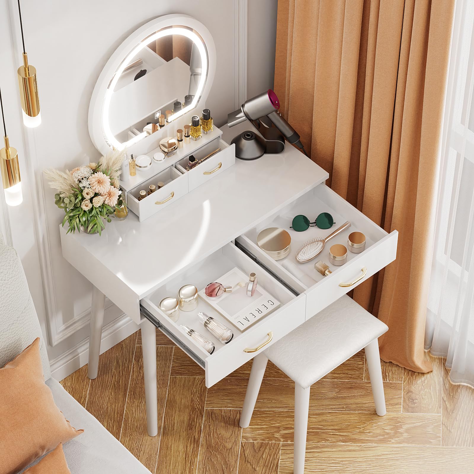 Lighted Makeup Vanity Desk with Mirror - Adjustable 3-Color Lighting & Brightness, Power Outlet, 4 Drawers & Soft Cushioned Stool - White Vanity Table for Women & Girls - Perfect for Bedroom, Dressing Room & Beauty Salon