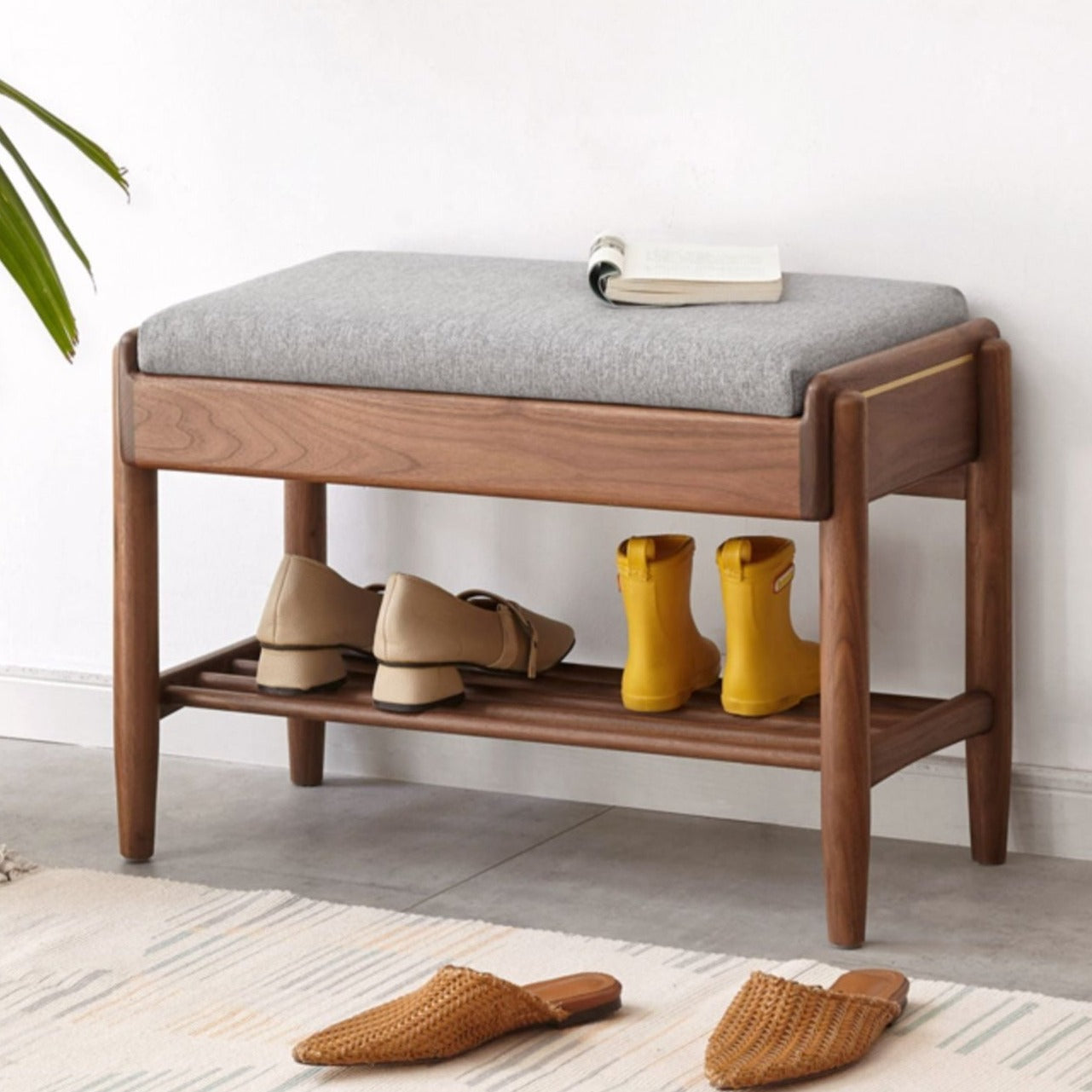 Solid Black Walnut Shoe Storage Bench with Flip Top - Multi-Functional Entryway Organizer for Shoes, Hats & Bags - Perfect for Hallway, Bedroom or Closet Organization
