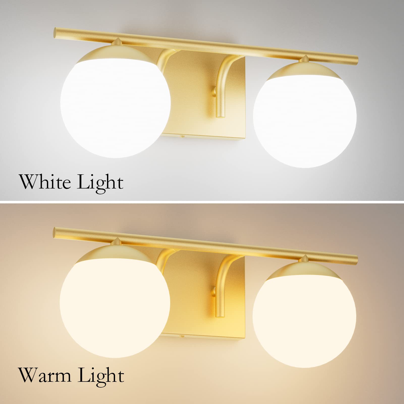 Ralbay Gold 2-Light Mid Century Modern Bathroom Vanity Light Fixture with Milky Glass Globes - Elegant Wall Sconce for Bathroom, Powder Room, and Dressing Area Lighting