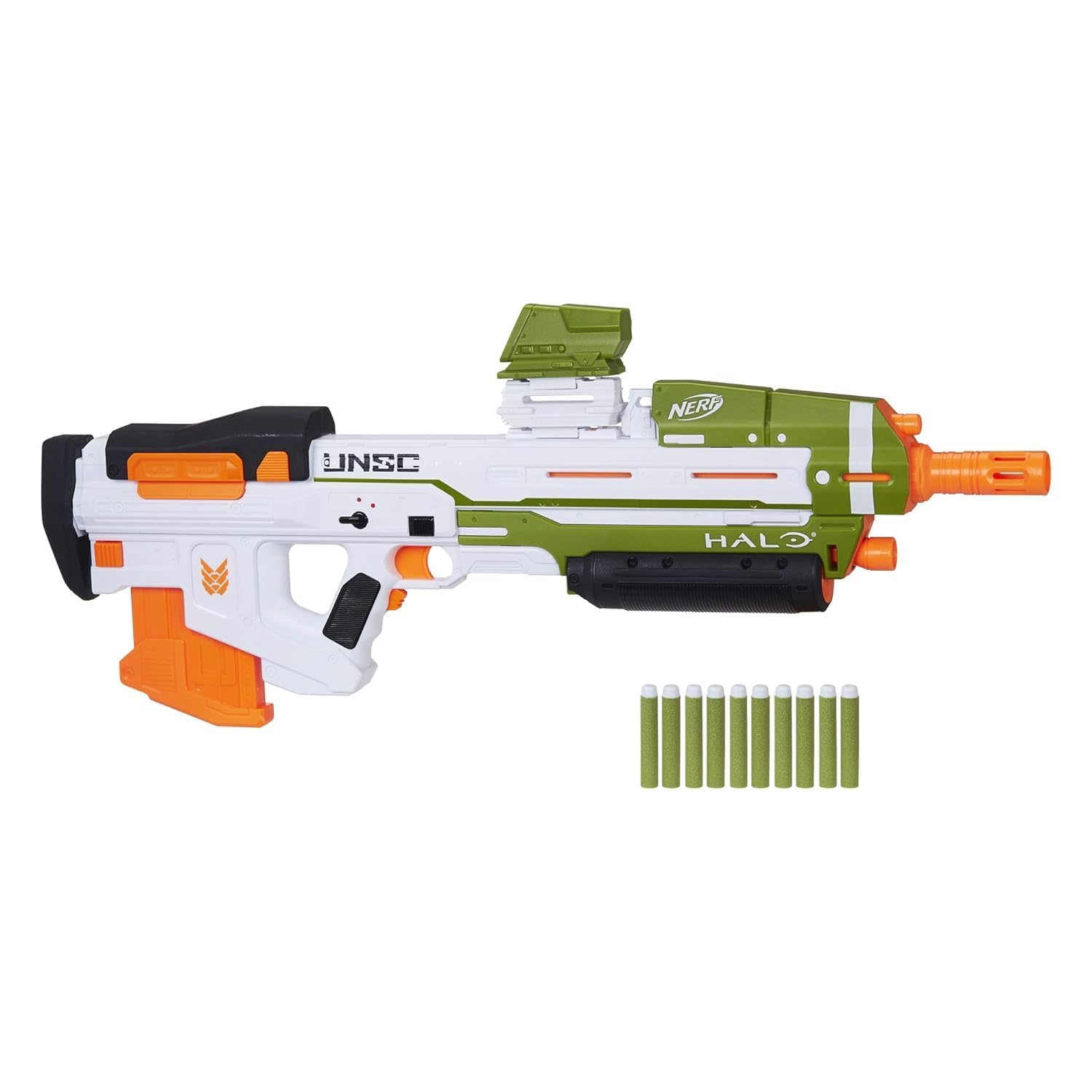 Nerf Halo MA40 Motorized Dart Blaster with Removable 10-Dart Clip & 10 Elite Darts - Attachable Rail Riser for Enhanced Aim | Perfect for Outdoor Play, Nerf Battles, and Halo Themed Parties