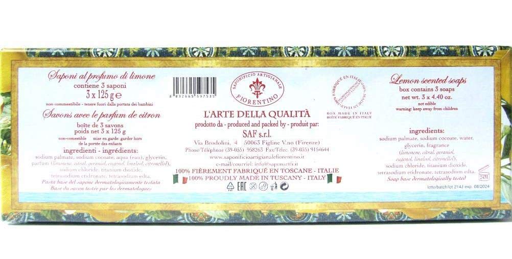 Saponificio Limone Lemon Bath Soap Bar - 3 Pack (4.4 oz Each) | Natural Moisturizing & Refreshing for Dry Skin | Perfect for Shower, Spa & Gift Giving