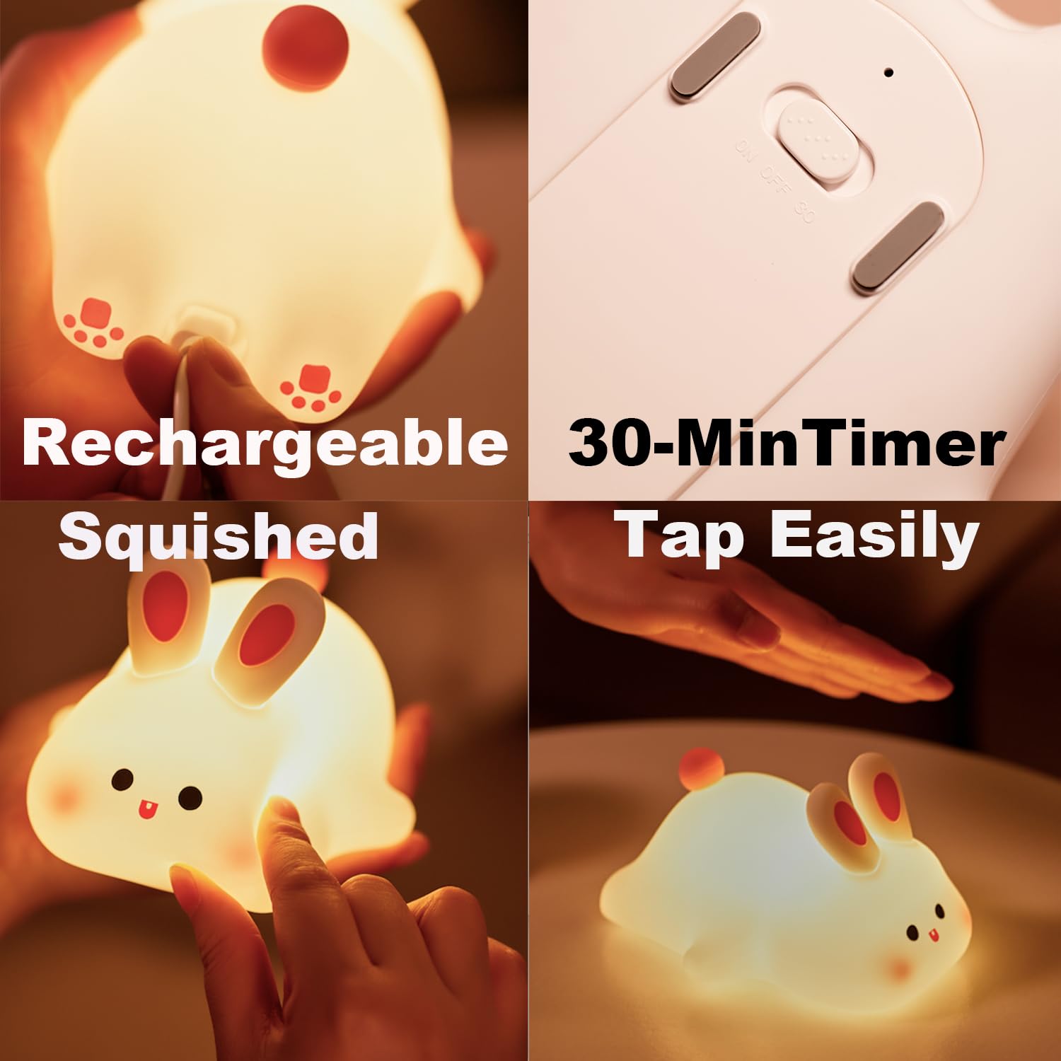 Cute Bunny Night Light for Kids - Soft Silicone Squishy Lamp with 30-Min Timer, Kawaii Room Decor for Toddlers & Teen Girls - Perfect for Bedtime, Nursery, and Kids' Bedroom Decor