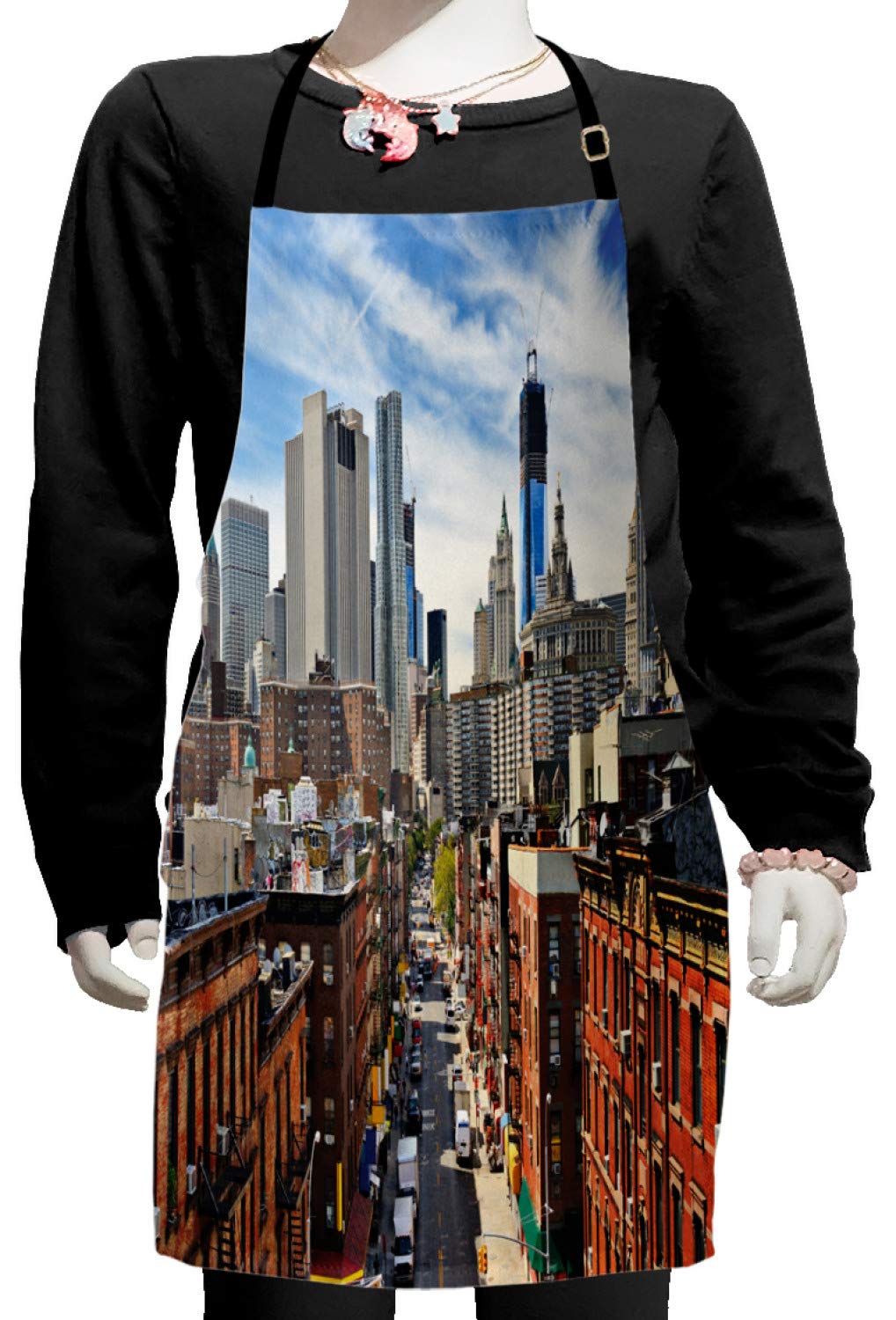 Ambesonne City Apron - Lower Manhattan NYC Skyline Design, Adjustable Bib Apron for Baking, Painting & Cooking - Small Size Dark Orange Grey Blue - Perfect for Home Chefs, Artists & NYC Enthusiasts