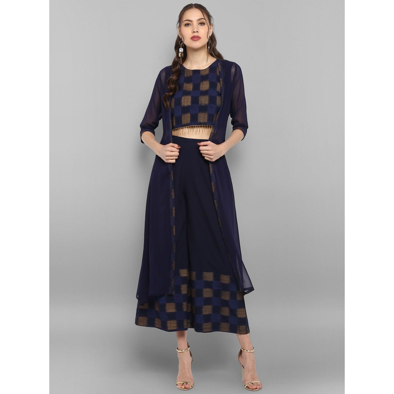 Stylish Dark Blue 3 Piece Women's Ethnic Outfit Set | Indian Fusion Kurti with Dupatta & Palazzo | Perfect for Festivals, Weddings & Cultural Events