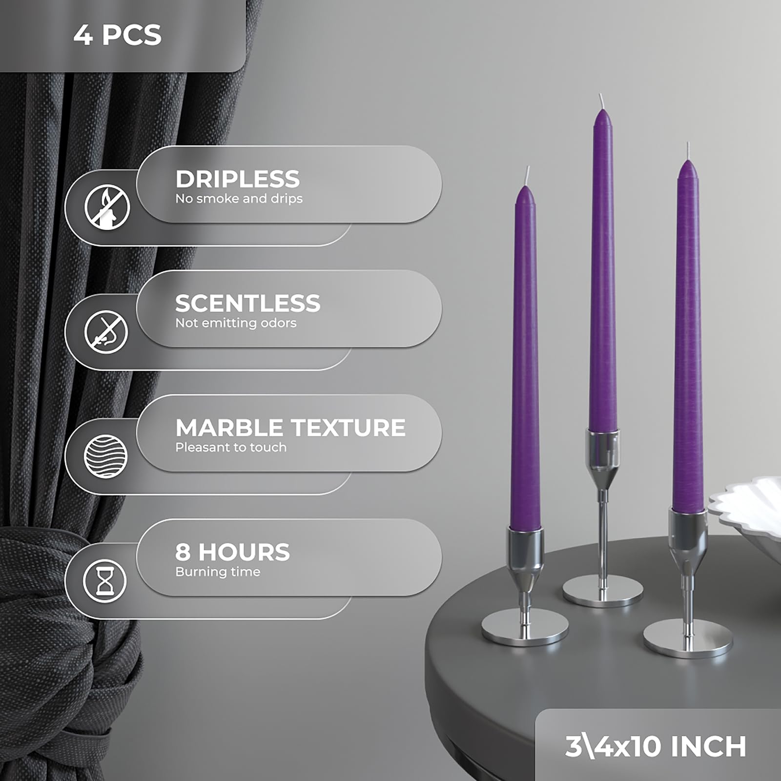 Dripless 10 Inch Purple Taper Candles Set of 4 - Unscented Candlesticks for Elegant Dining & Home Decor - Perfect for Dinner Parties, Weddings, Romantic Settings & Holiday Centerpieces