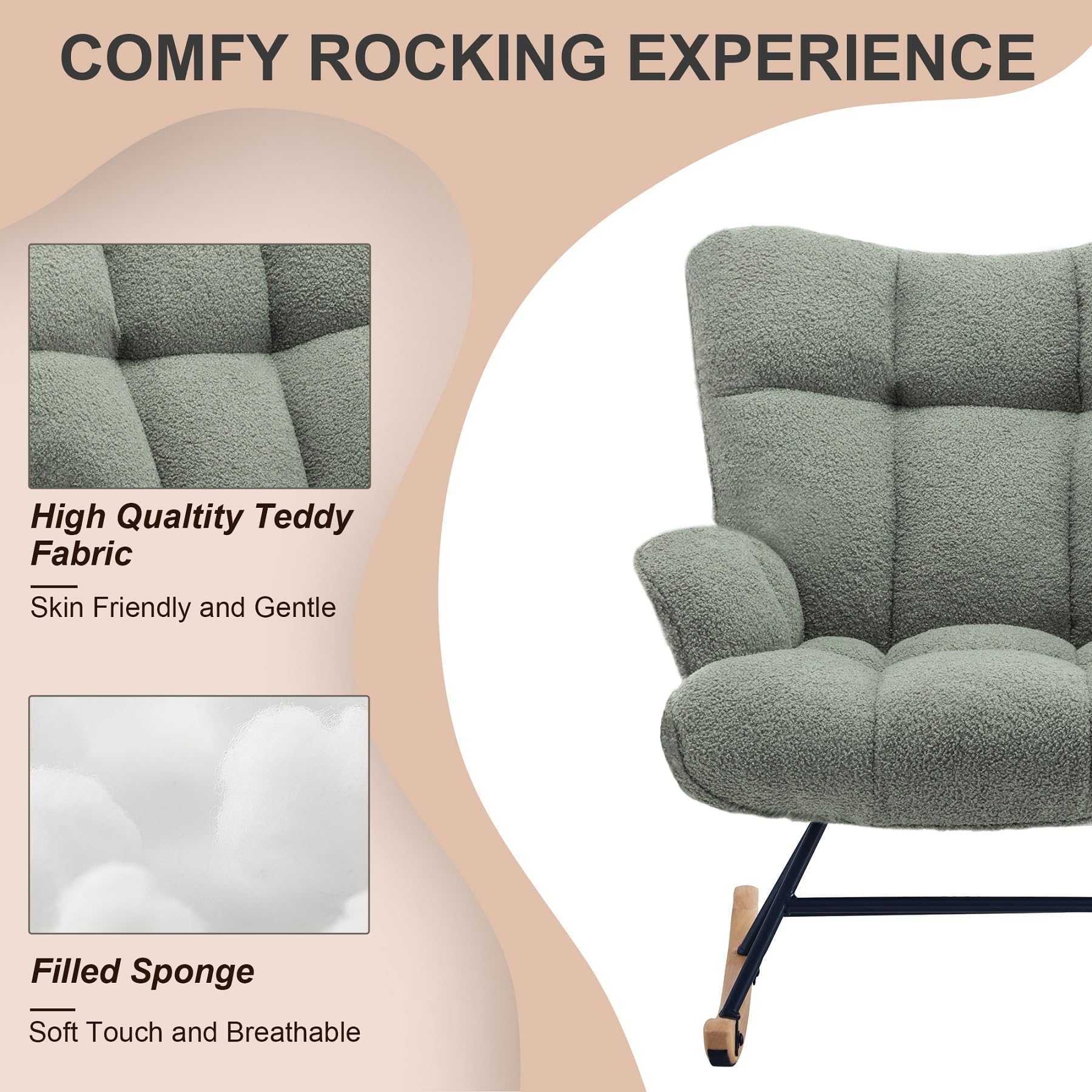 Comfy Teddy Upholstered Glider Rocking Chair with Padded Seat & High Back - Nursery Rocker for Baby Room, Living Room or Bedroom (Sage Green) | Perfect for Nursing, Reading & Relaxing