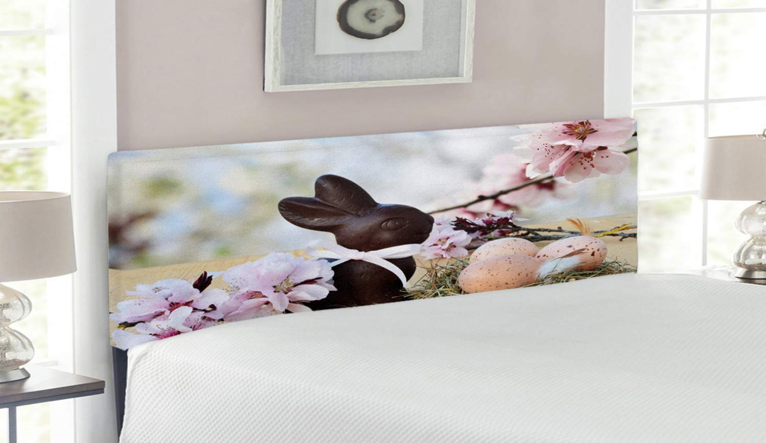 Lunarable Easter Headboard - Chocolate Bunny & Pink Japanese Cherry Blossom Tree Design on Oak Table, Upholstered Decorative Metal Bed Frame with Memory Foam, Queen Size, Multicolor - Perfect for Easter Bedroom Decor & Spring-Themed Home Styling